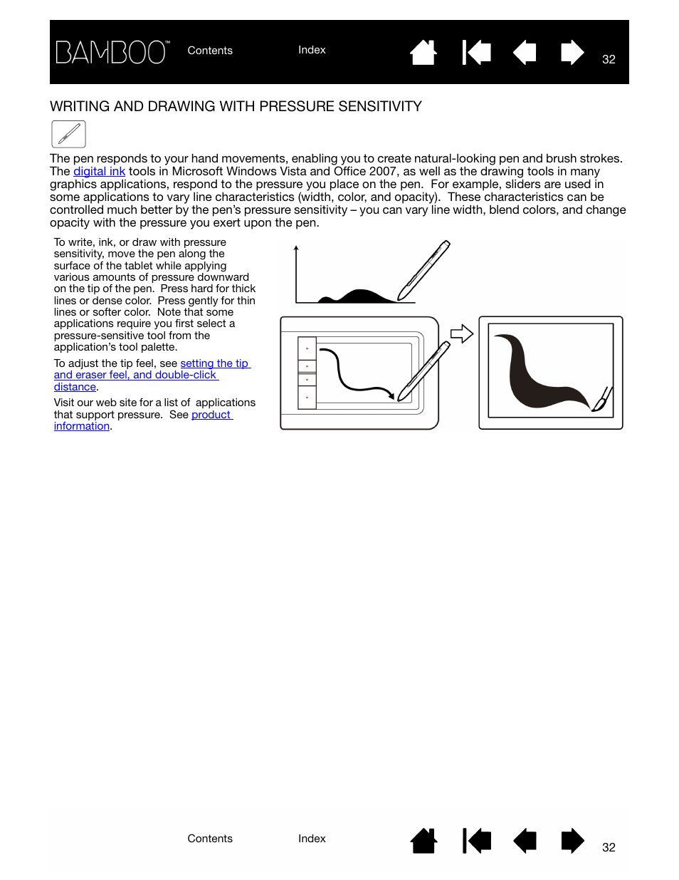 Writing and drawing with pressure sensitivity, Writing and drawing with pressure sensitivity 32 | Wacom BAMBOO CTL-460 User Manual | Page 32 / 90
