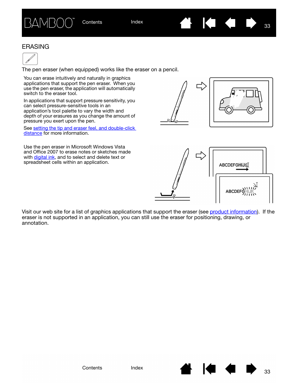 Erasing, Eraser | Wacom BAMBOO CTL-460 User Manual | Page 33 / 90