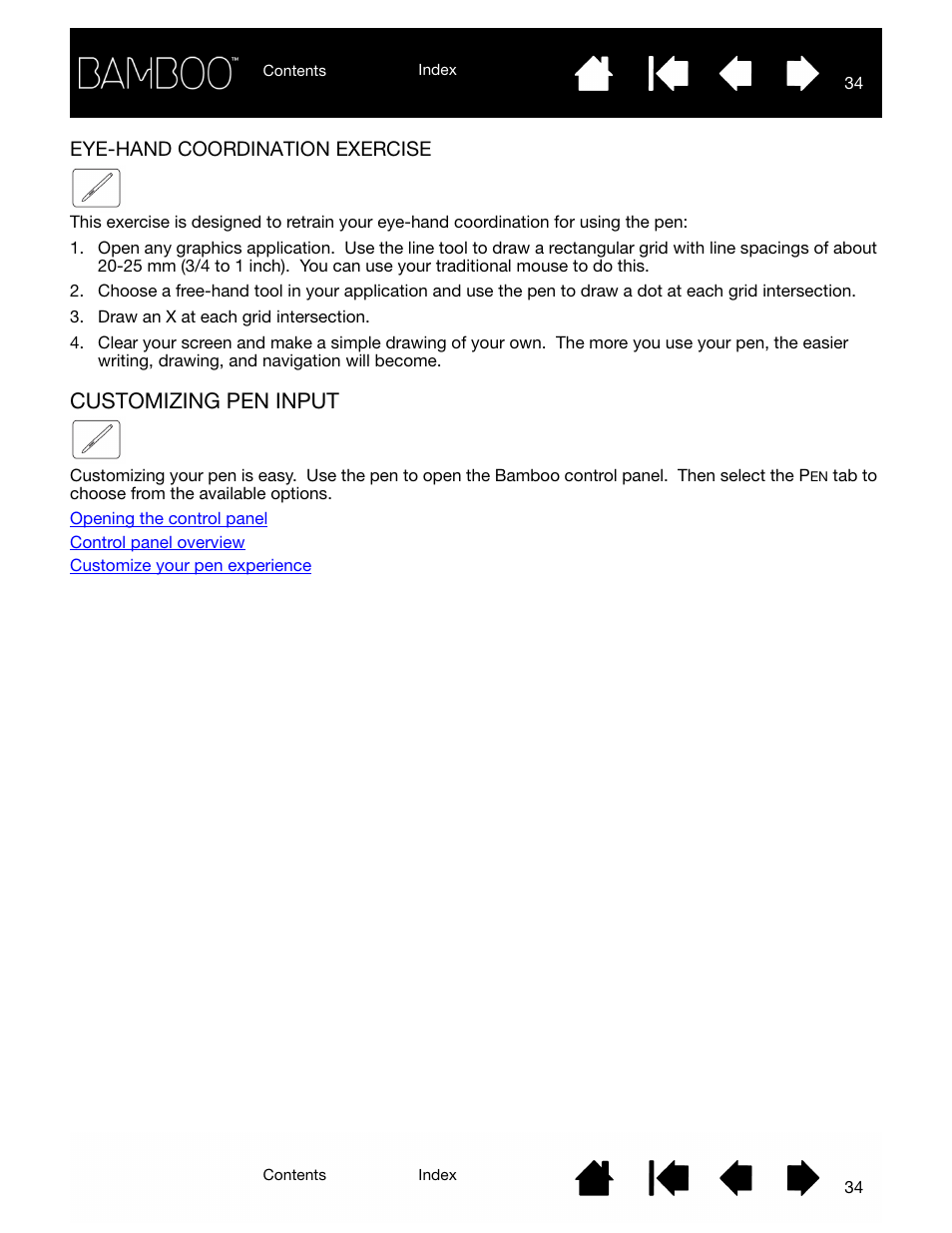 Eye-hand coordination exercise, Customizing pen input | Wacom BAMBOO CTL-460 User Manual | Page 34 / 90