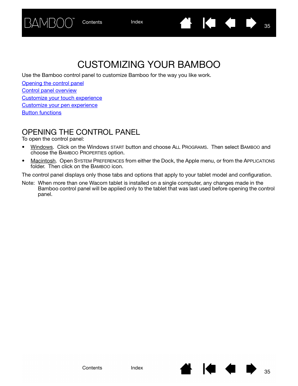 Customizing your bamboo, Opening the control panel, Open the bamboo control panel | Open the control panel | Wacom BAMBOO CTL-460 User Manual | Page 35 / 90