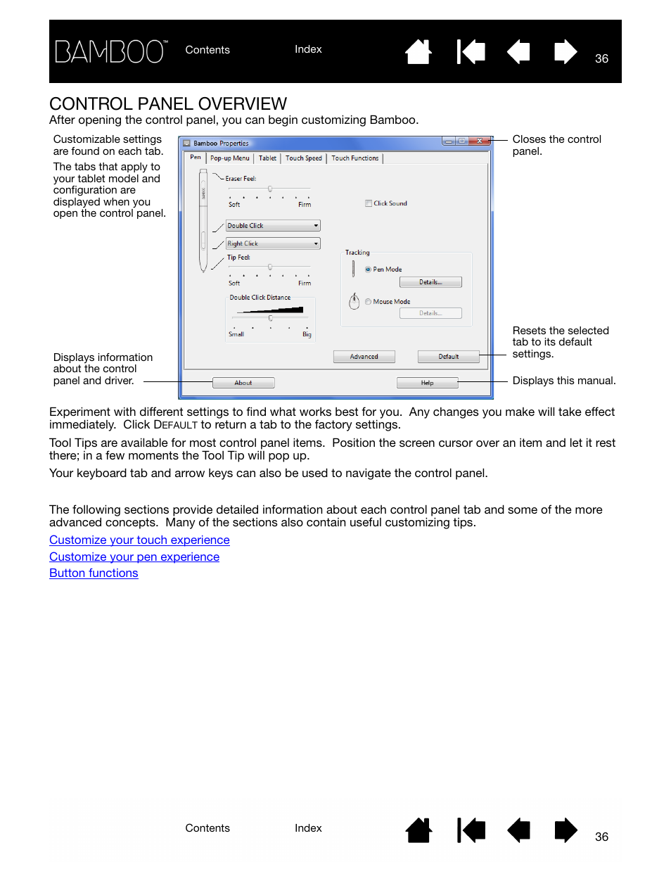 Control panel overview | Wacom BAMBOO CTL-460 User Manual | Page 36 / 90
