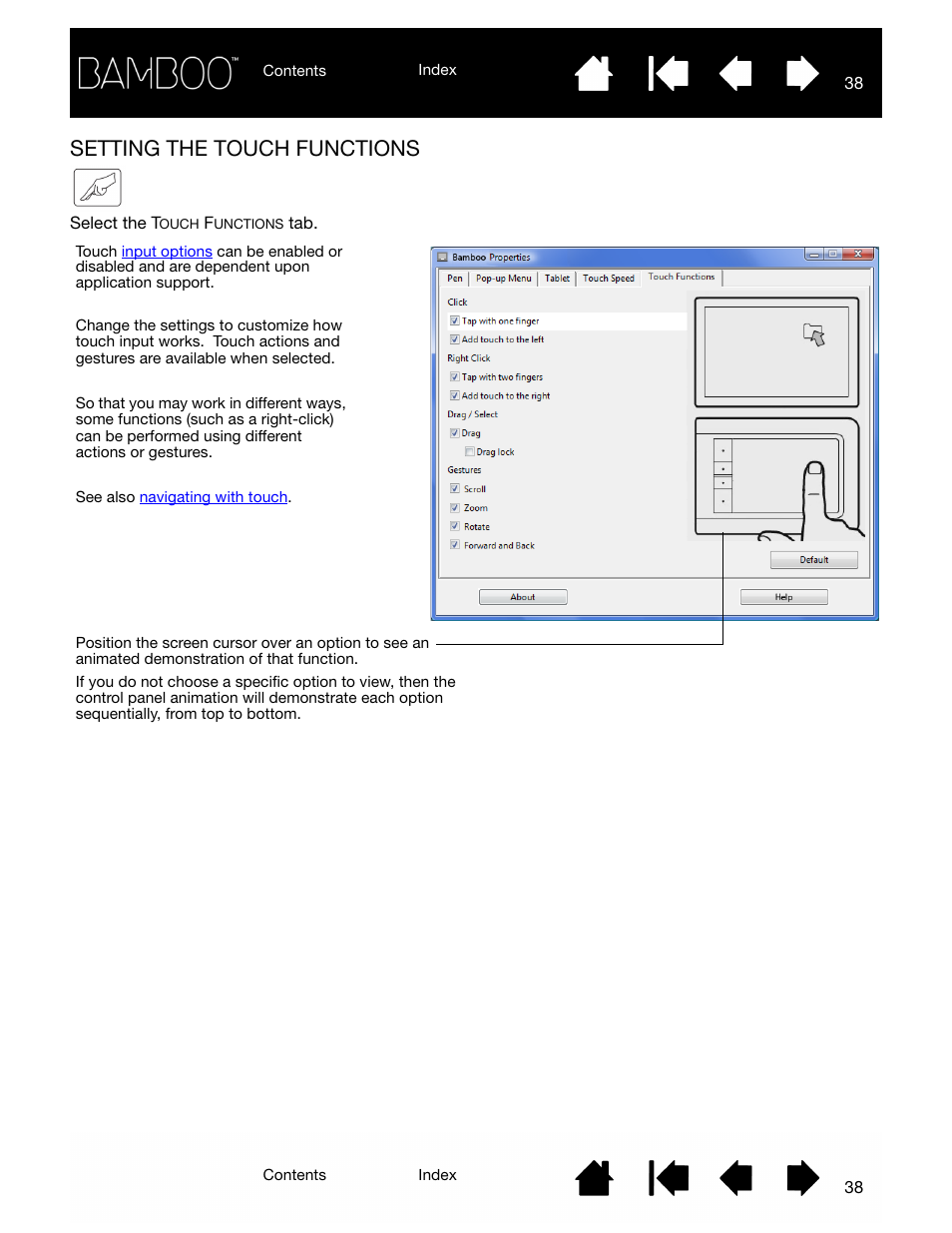 Setting the touch functions | Wacom BAMBOO CTL-460 User Manual | Page 38 / 90