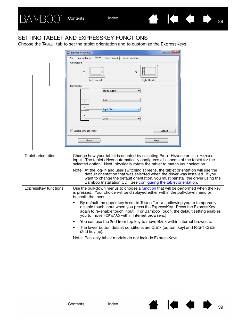 Setting tablet and expresskey functions, Nable touch. see also, Setting tablet | And expresskey functions | Wacom BAMBOO CTL-460 User Manual | Page 39 / 90