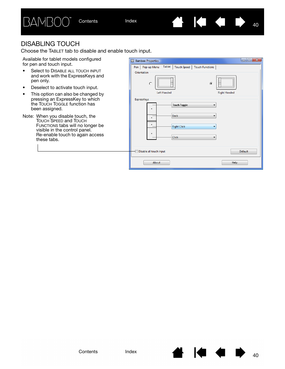 Disabling touch | Wacom BAMBOO CTL-460 User Manual | Page 40 / 90