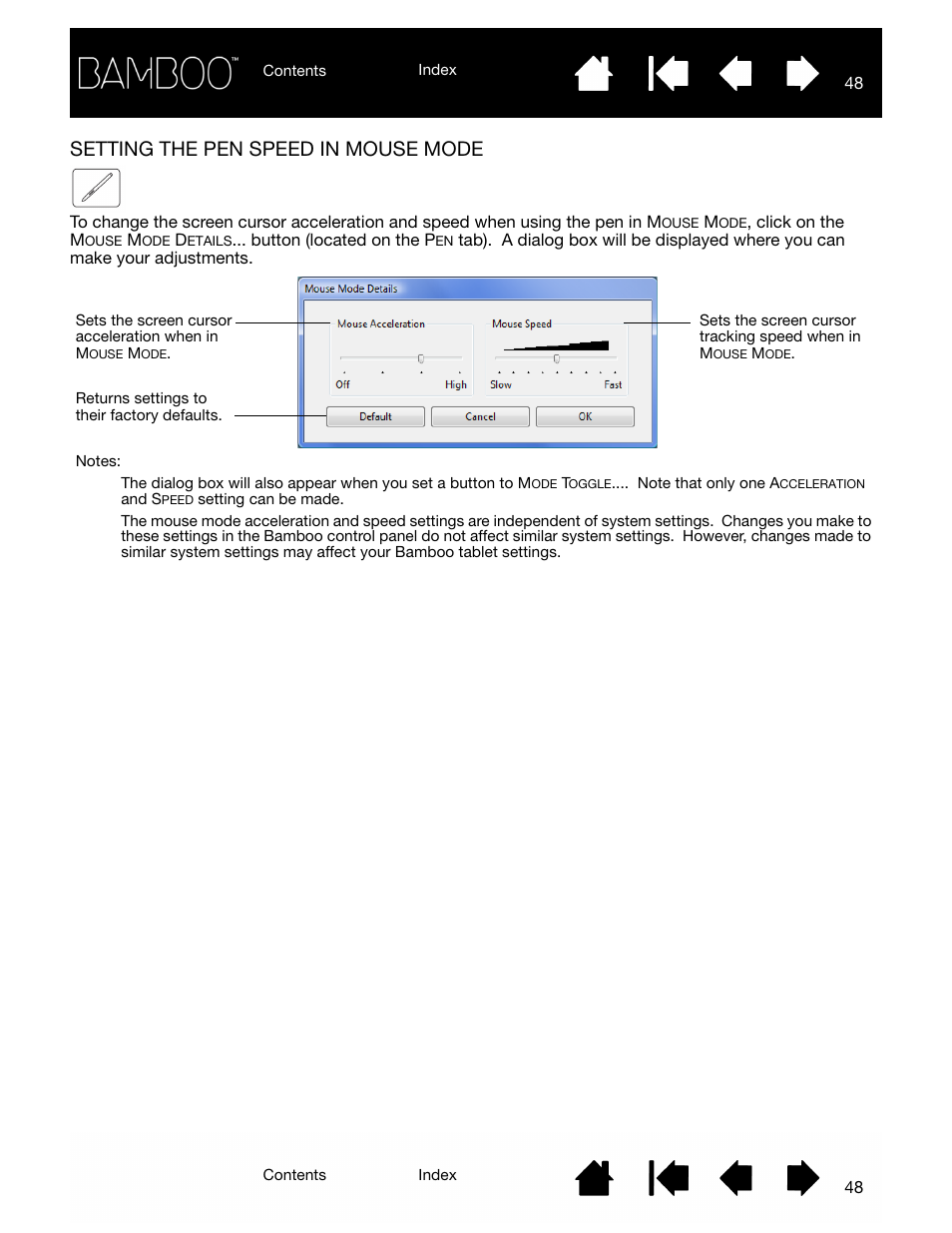 Setting the pen speed in mouse mode, Setting the, Pen speed in mouse mode | Wacom BAMBOO CTL-460 User Manual | Page 48 / 90