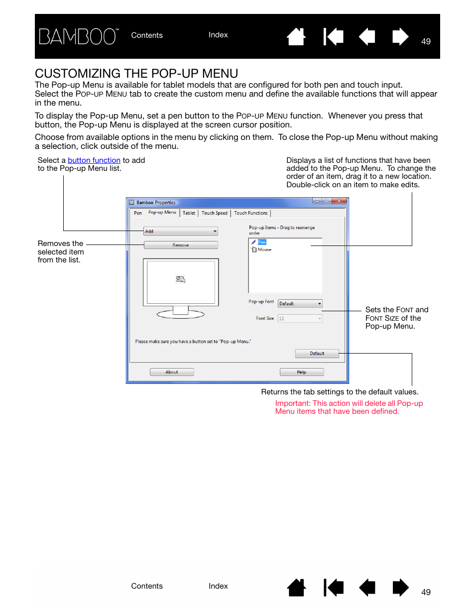 Customizing the pop-up menu | Wacom BAMBOO CTL-460 User Manual | Page 49 / 90