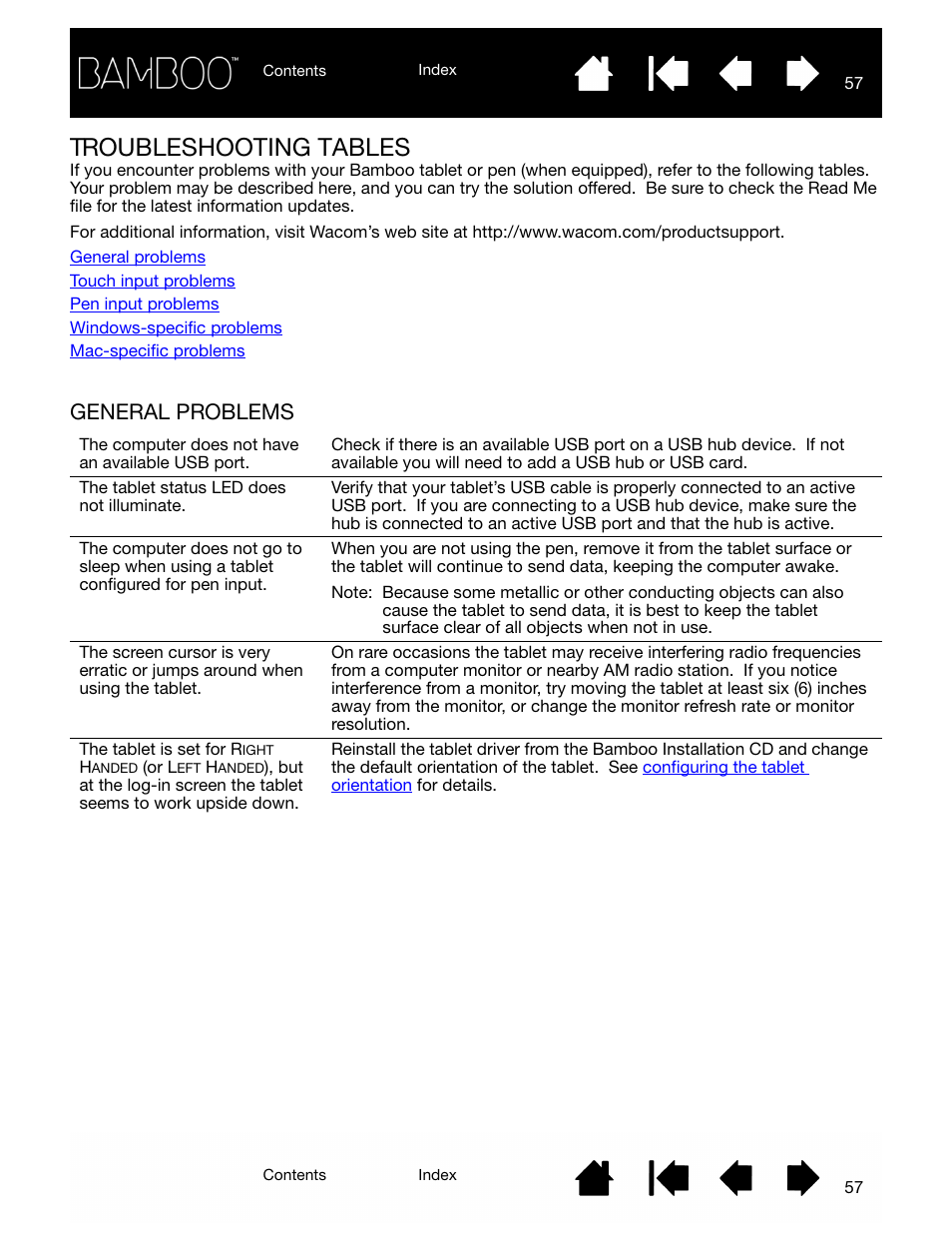 Troubleshooting tables, General problems, Look in the | Wacom BAMBOO CTL-460 User Manual | Page 57 / 90