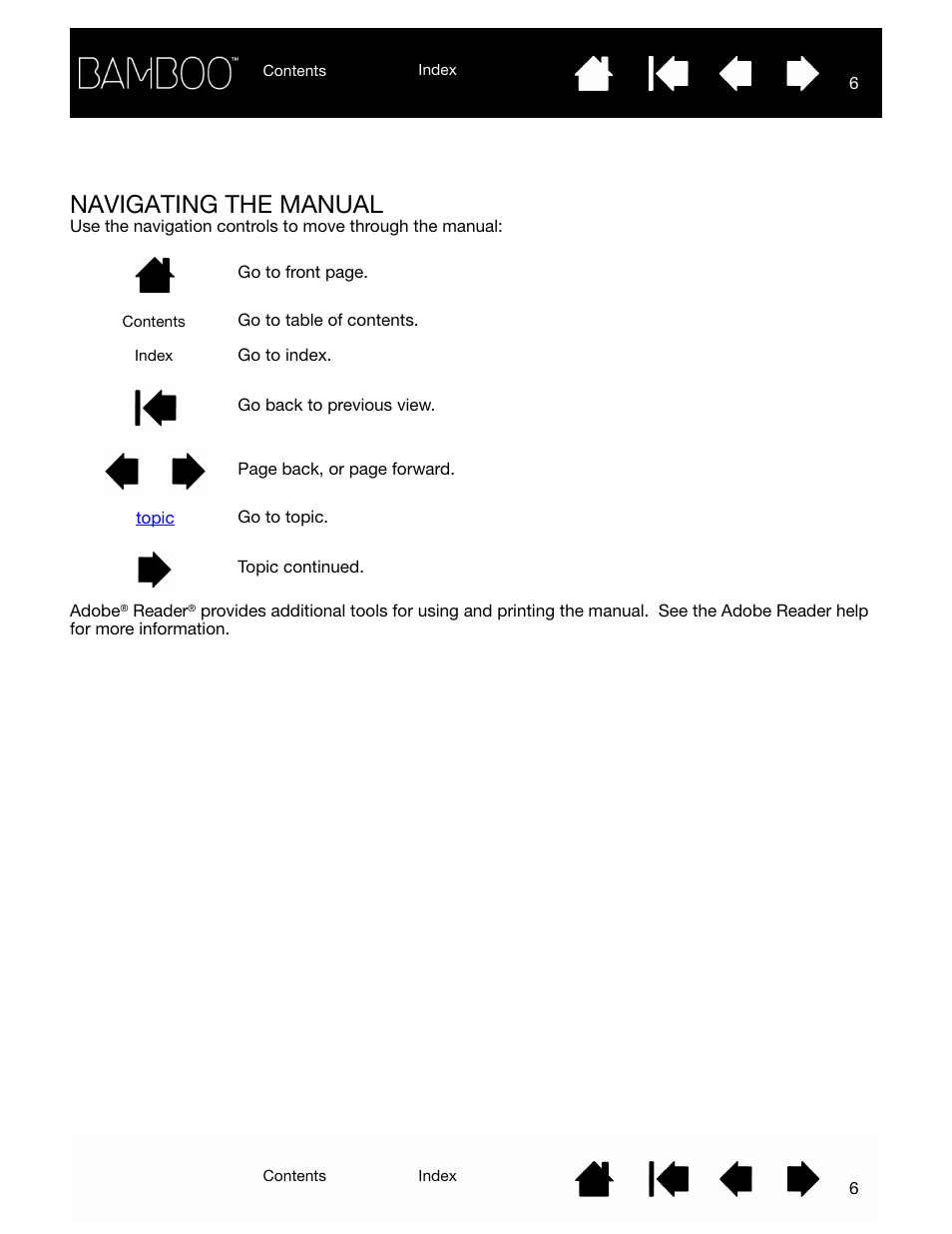 Navigating the manual | Wacom BAMBOO CTL-460 User Manual | Page 6 / 90