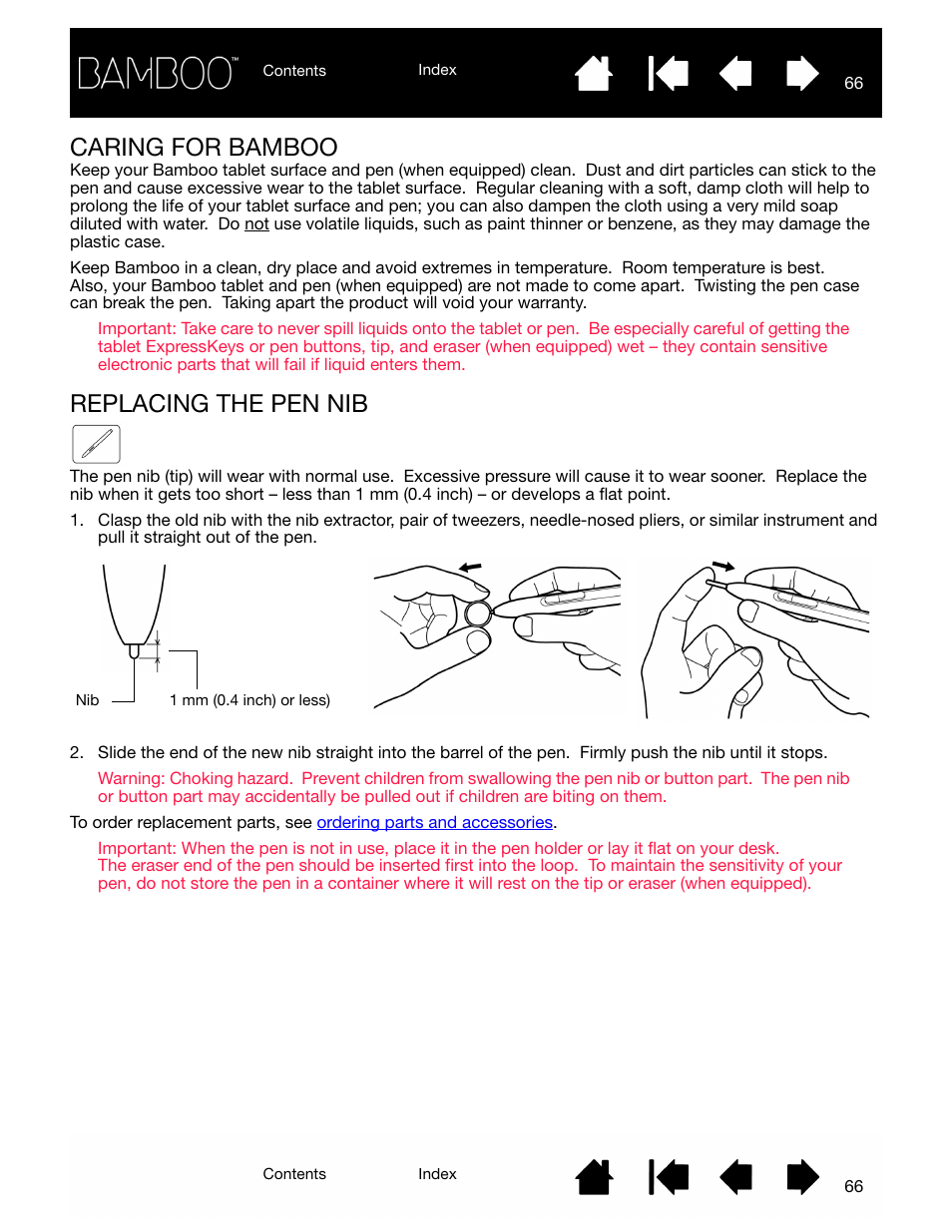 Caring for bamboo, Replacing the pen nib, Replaceable nib | Caring for bamboo replacing the pen nib | Wacom BAMBOO CTL-460 User Manual | Page 66 / 90