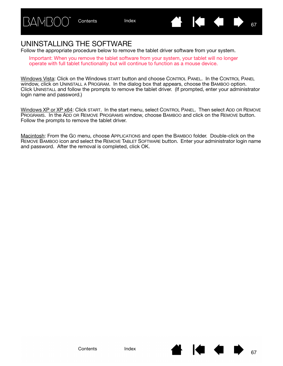 Uninstalling the software | Wacom BAMBOO CTL-460 User Manual | Page 67 / 90