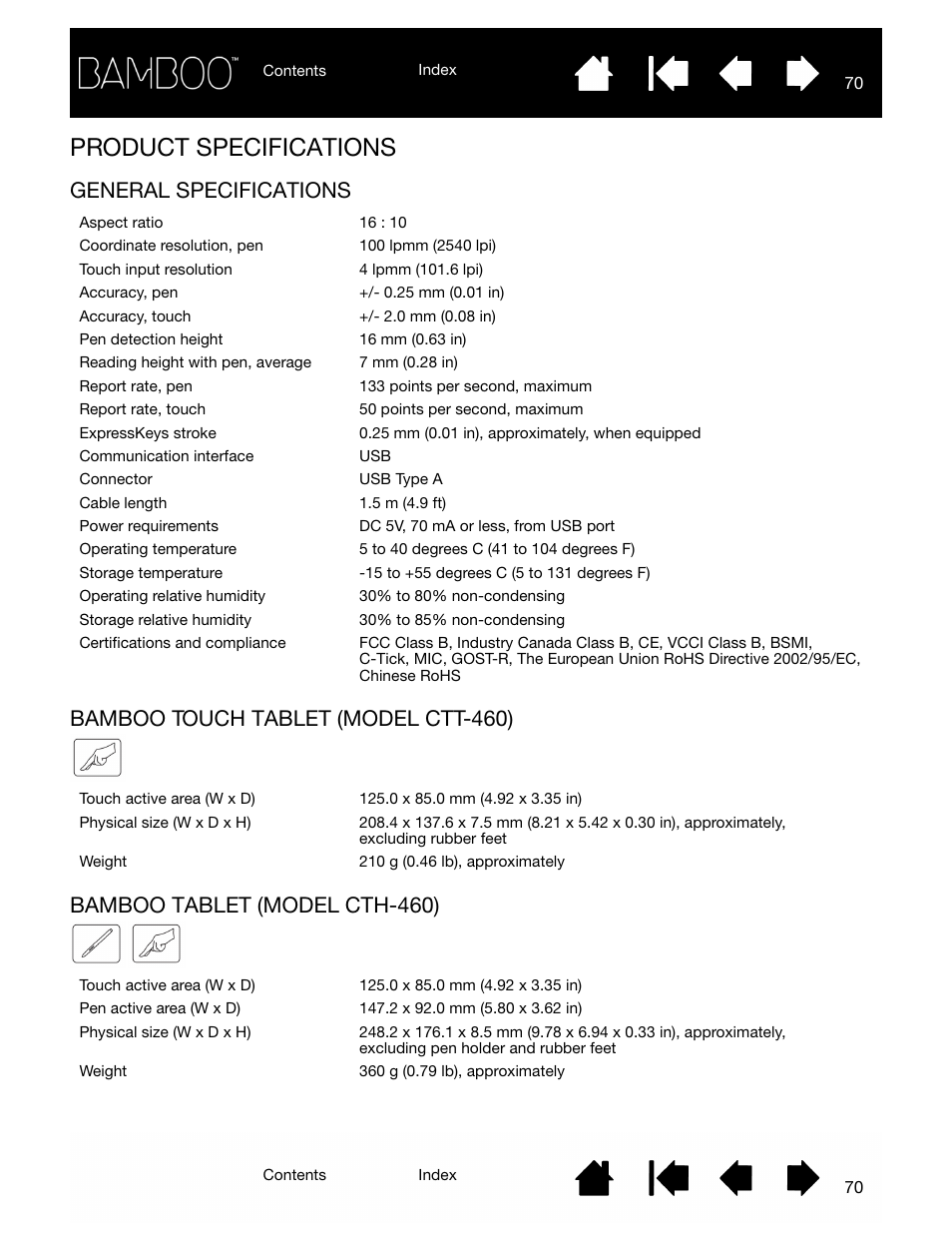 Product specifications, General specifications, Bamboo touch tablet (model ctt-460) | Bamboo tablet (model cth-460) | Wacom BAMBOO CTL-460 User Manual | Page 70 / 90
