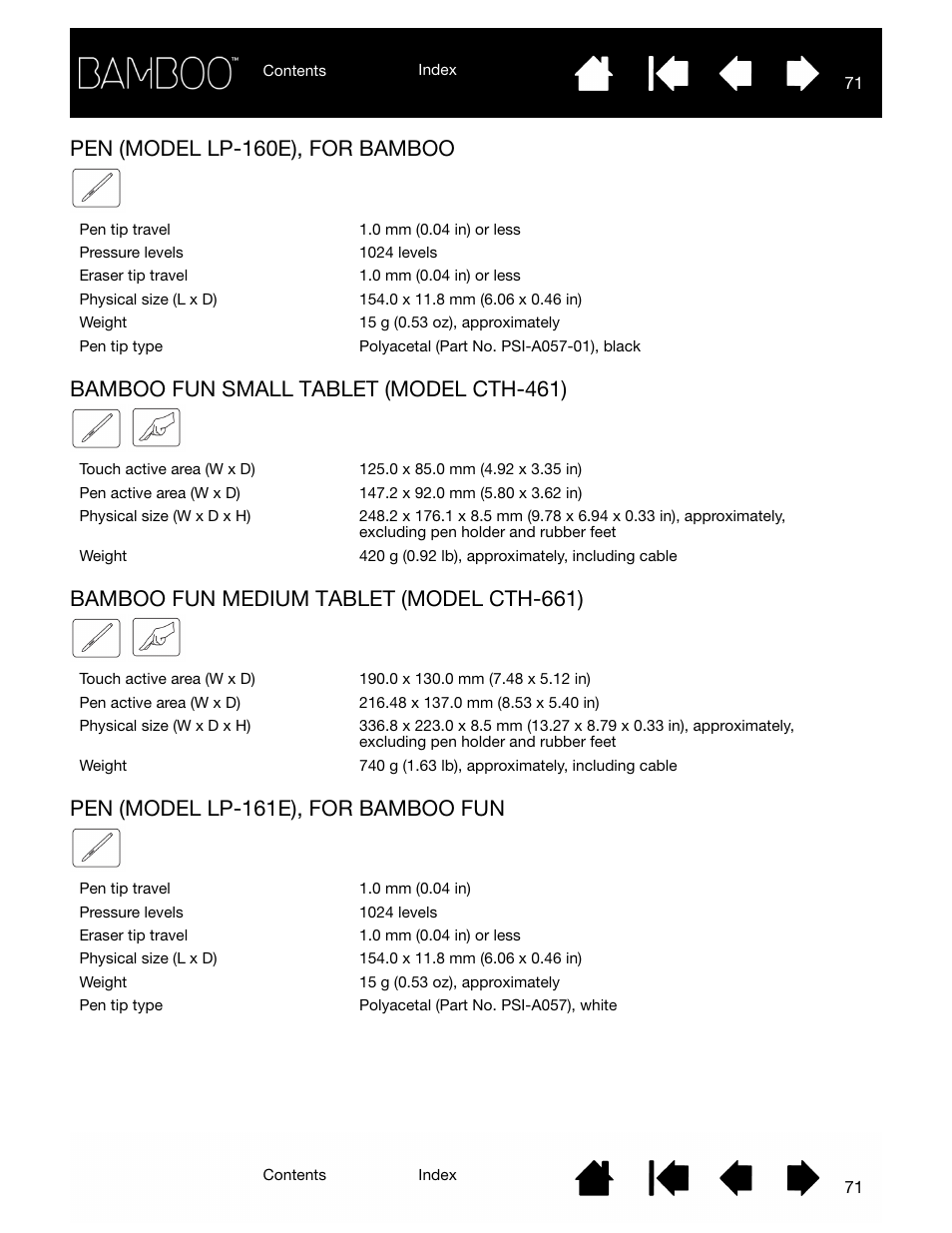 Pen (model lp-160e), for bamboo, Bamboo fun small tablet (model cth-461), Bamboo fun medium tablet (model cth-661) | Pen (model lp-161e), for bamboo fun | Wacom BAMBOO CTL-460 User Manual | Page 71 / 90