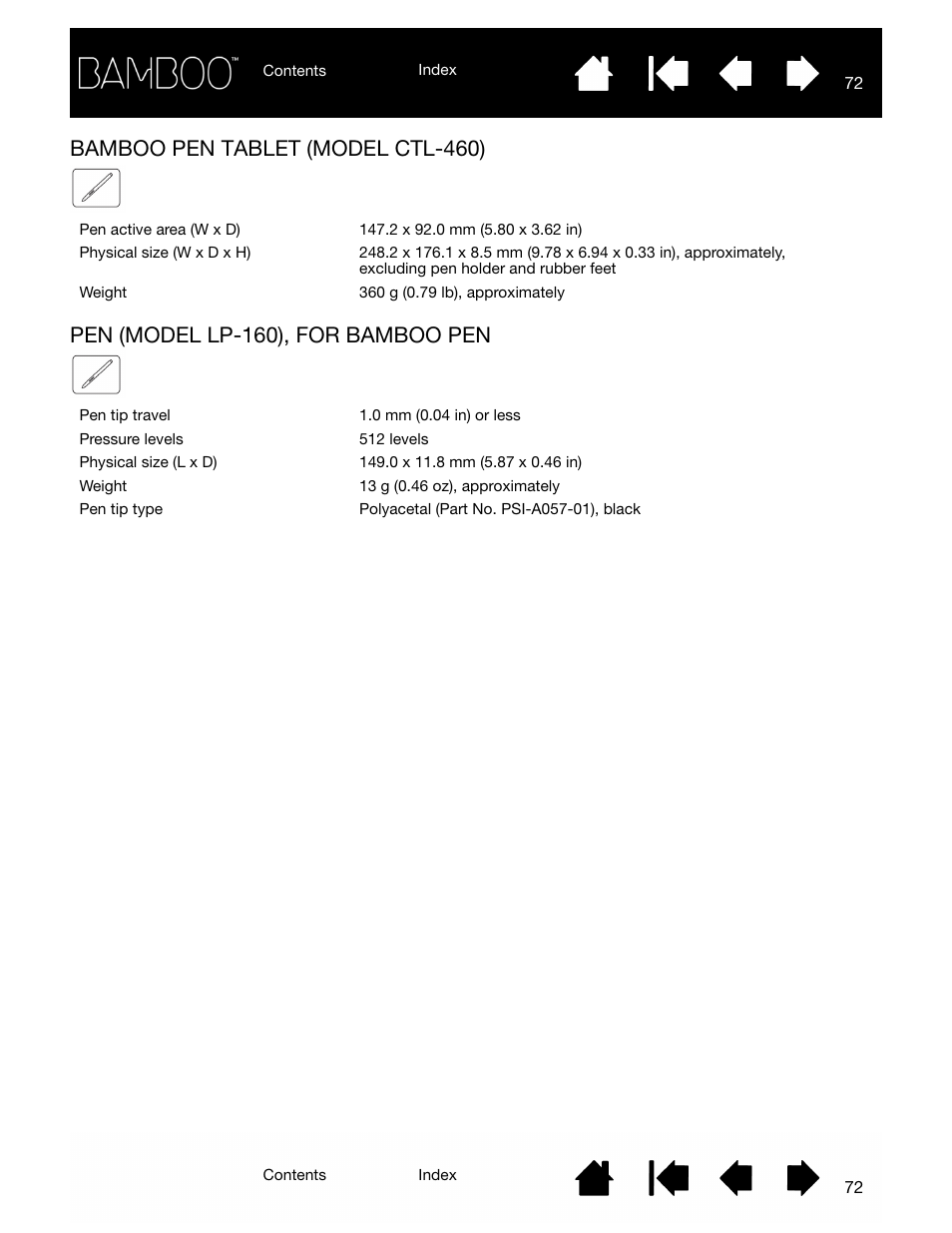 Bamboo pen tablet (model ctl-460), Pen (model lp-160), for bamboo pen | Wacom BAMBOO CTL-460 User Manual | Page 72 / 90