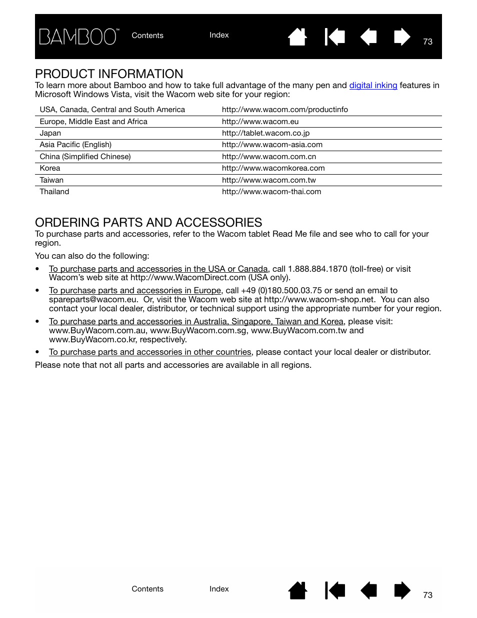 Product information, Ordering parts and accessories, Product | Information, If the, Product information ordering parts and accessories | Wacom BAMBOO CTL-460 User Manual | Page 73 / 90