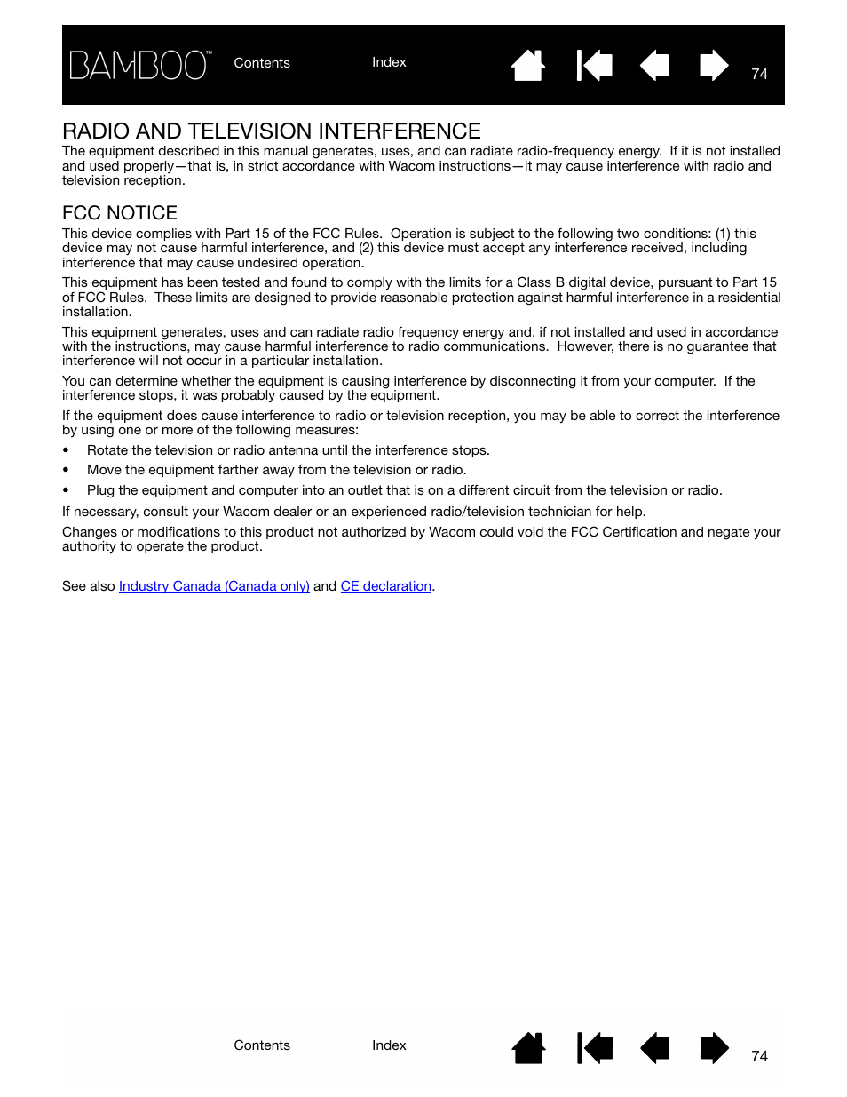Radio and television interference, Fcc notice | Wacom BAMBOO CTL-460 User Manual | Page 74 / 90