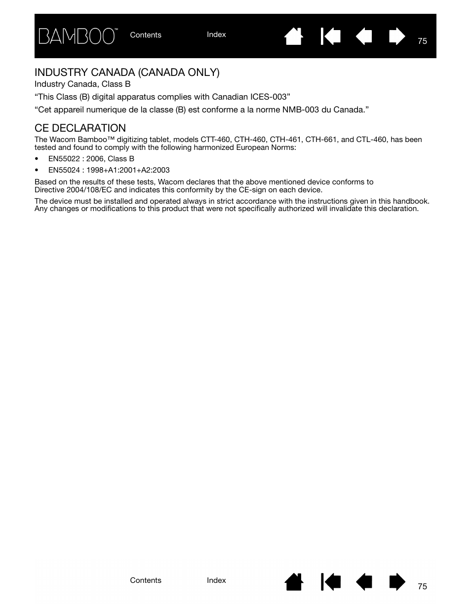 Industry canada (canada only), Ce declaration, See also | Wacom BAMBOO CTL-460 User Manual | Page 75 / 90