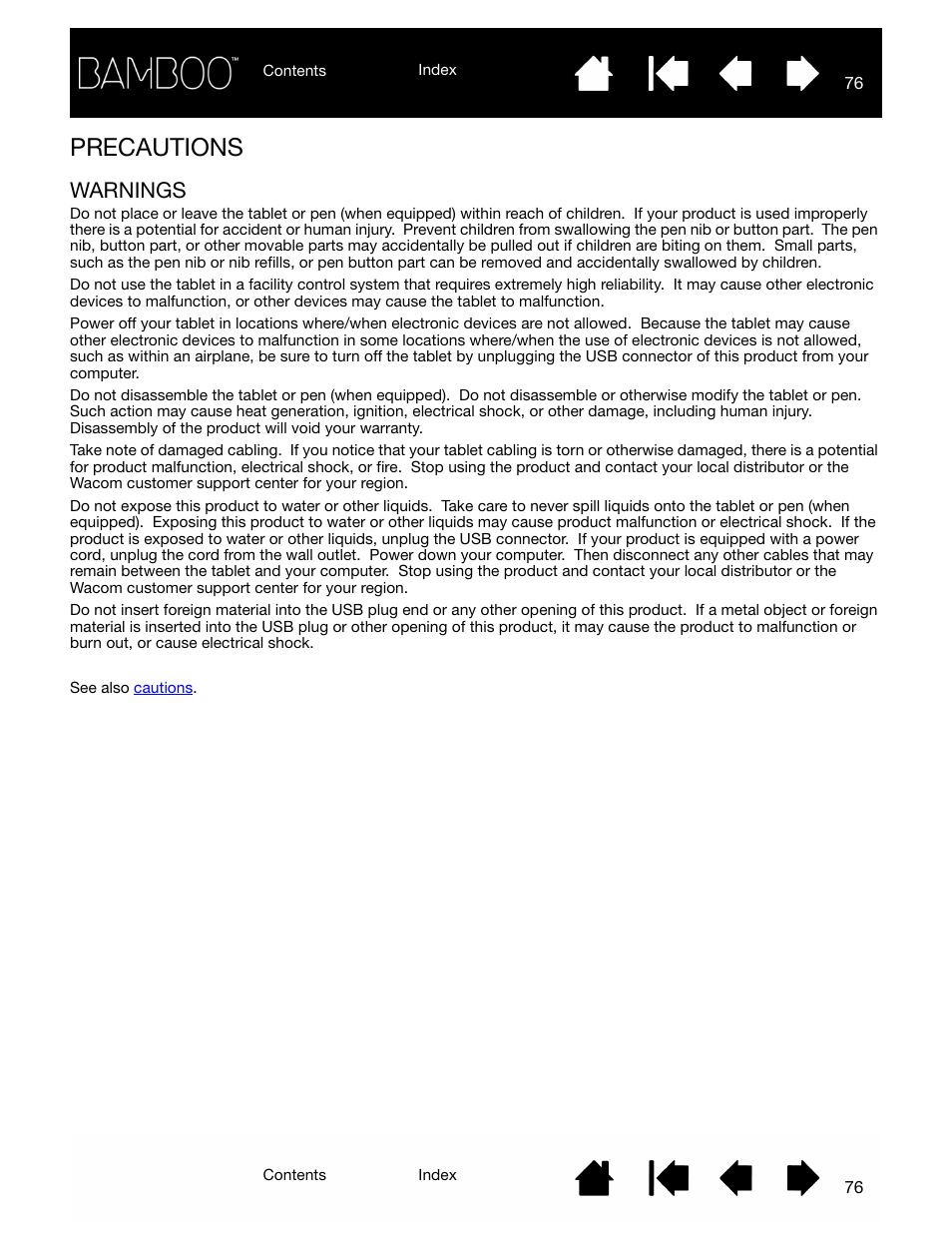 Precautions, Warnings, Precautions 76 | Warnings 76 | Wacom BAMBOO CTL-460 User Manual | Page 76 / 90