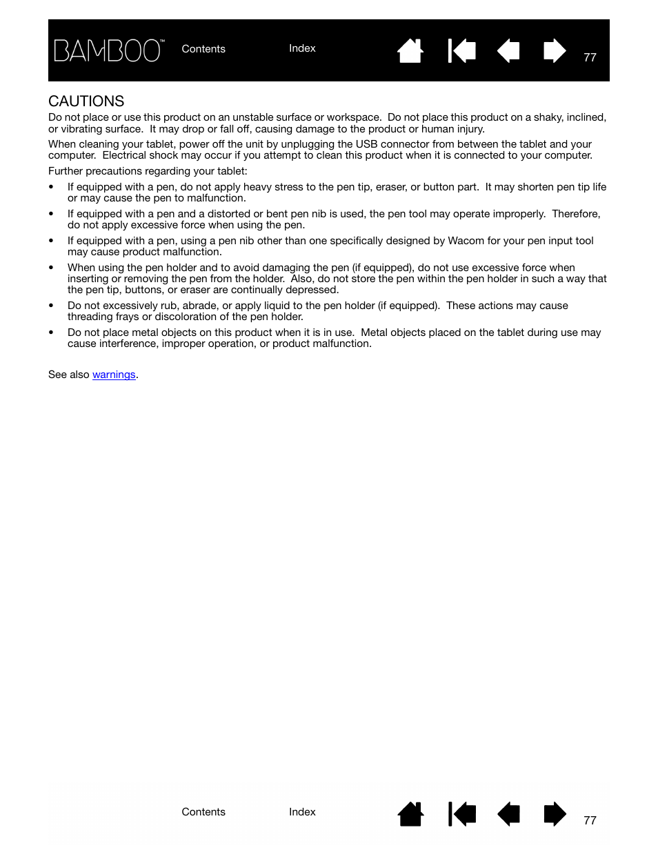 Cautions, Cautions 77, See also | Wacom BAMBOO CTL-460 User Manual | Page 77 / 90