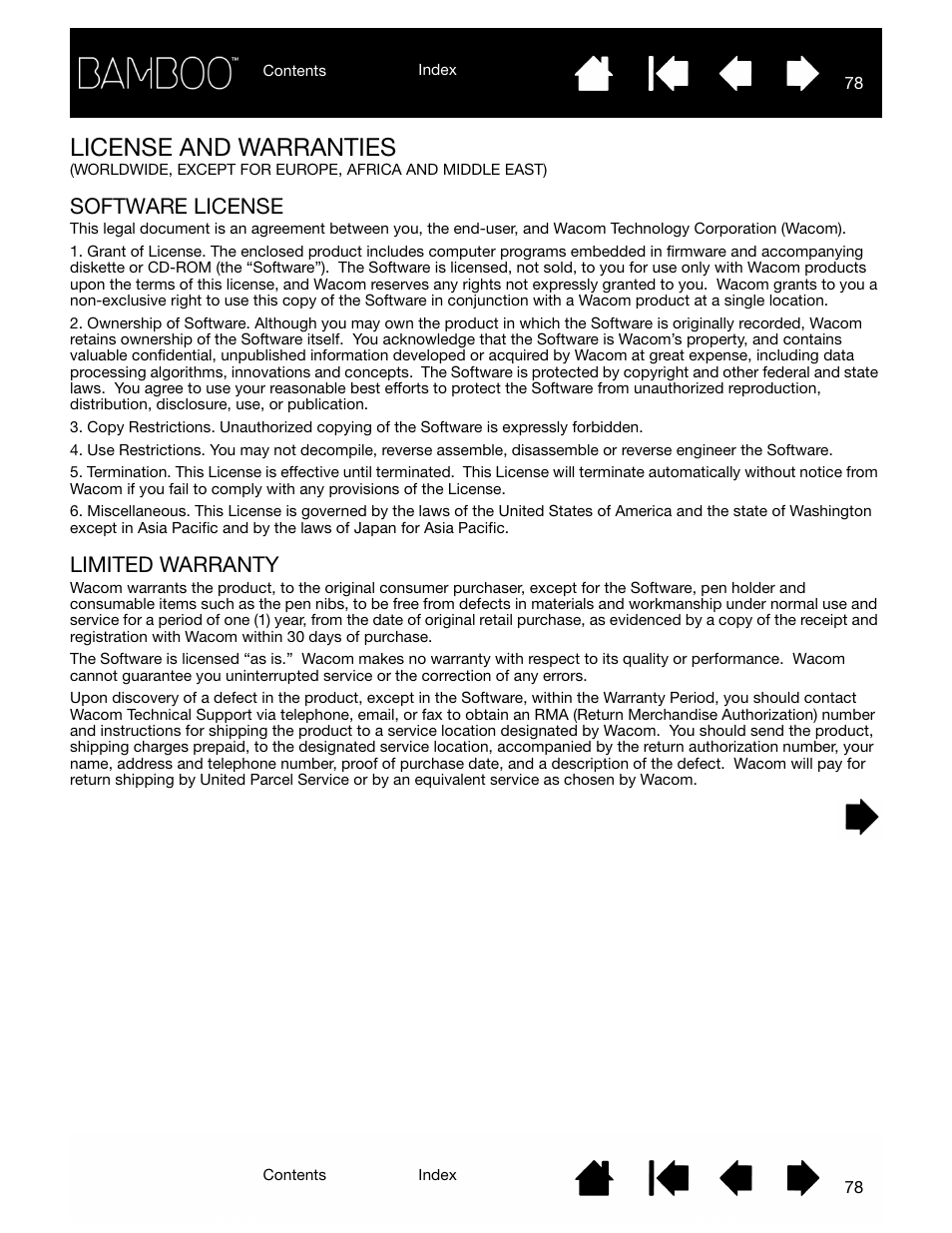Software license, Limited warranty, License and warranties | Wacom BAMBOO CTL-460 User Manual | Page 78 / 90