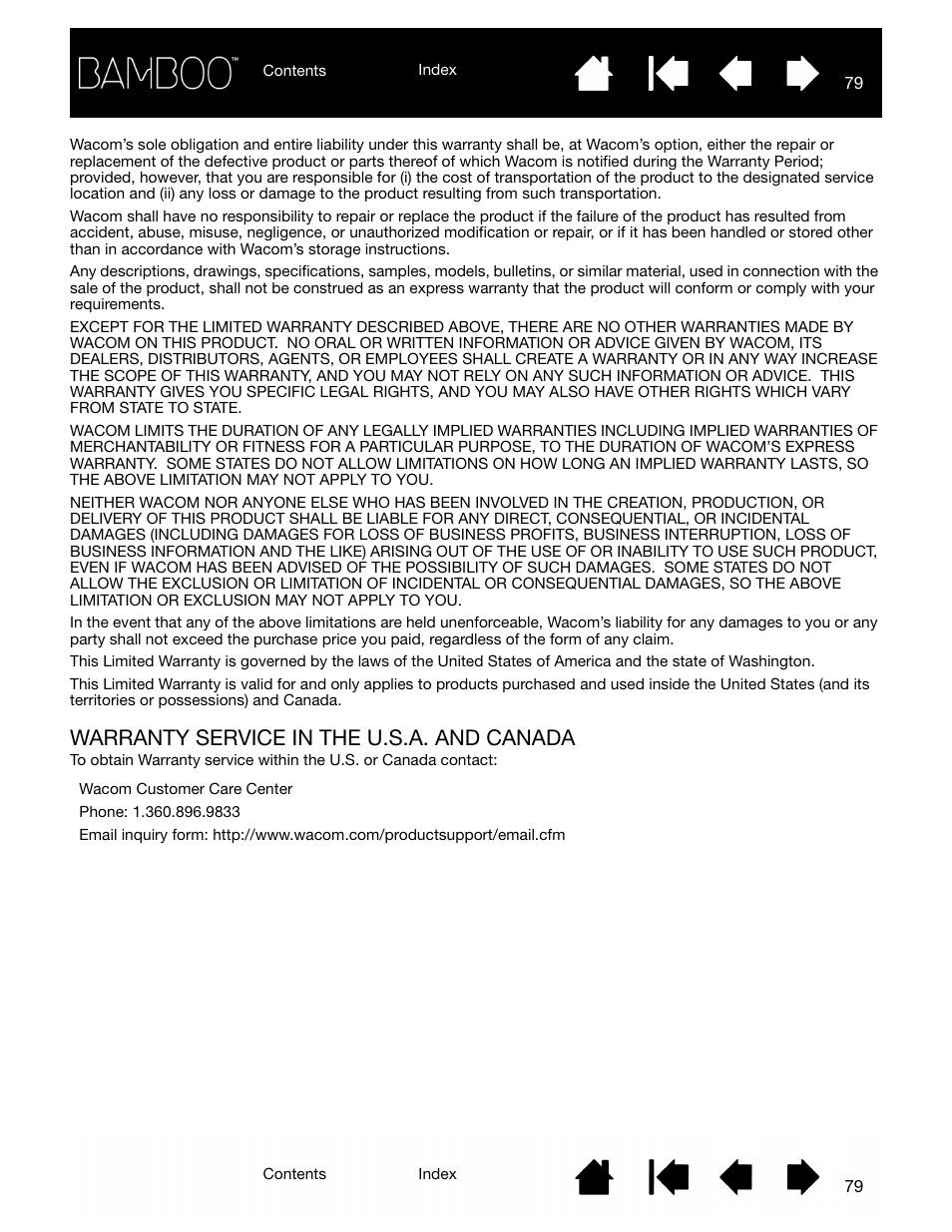 Warranty service in the u.s.a. and canada | Wacom BAMBOO CTL-460 User Manual | Page 79 / 90