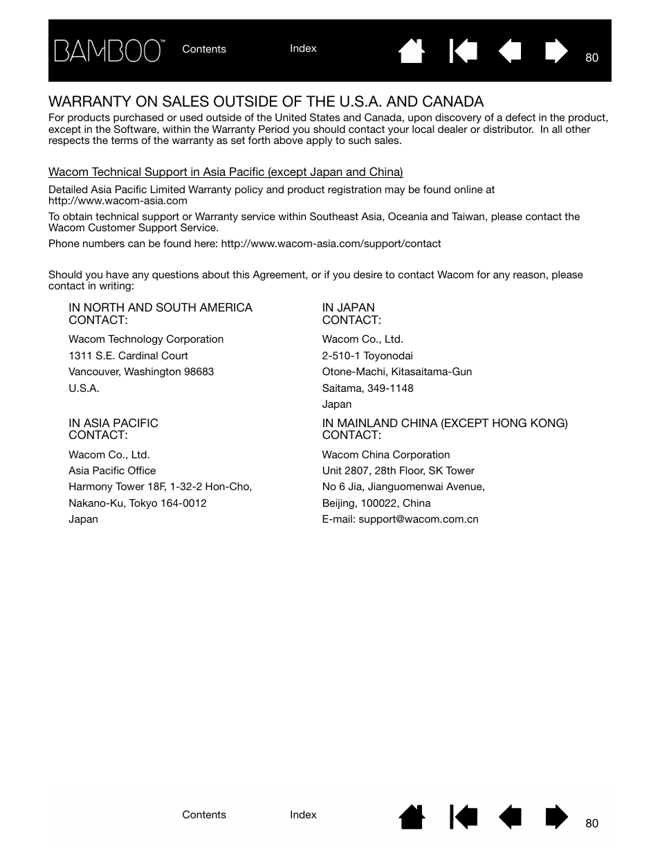 Warranty on sales outside of the u.s.a. and canada, Warranty on sales outside of, The u.s.a. and canada | Wacom BAMBOO CTL-460 User Manual | Page 80 / 90