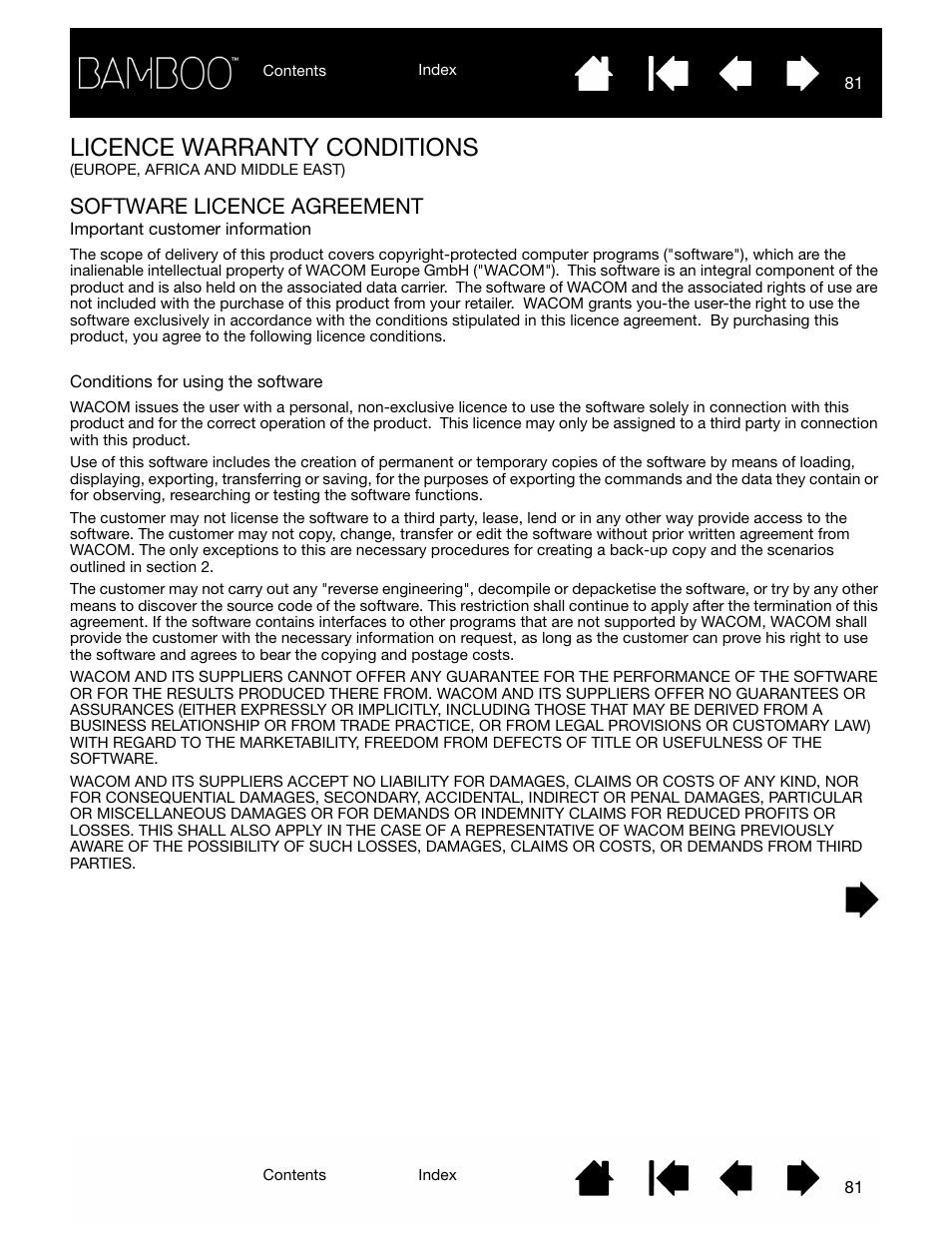 Software licence agreement, Licence warranty conditions | Wacom BAMBOO CTL-460 User Manual | Page 81 / 90