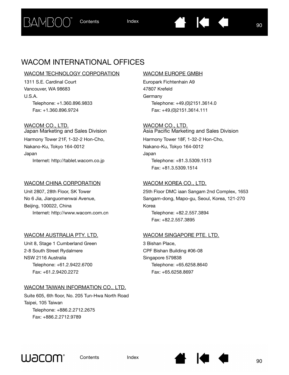 Wacom international offices | Wacom BAMBOO CTL-460 User Manual | Page 90 / 90