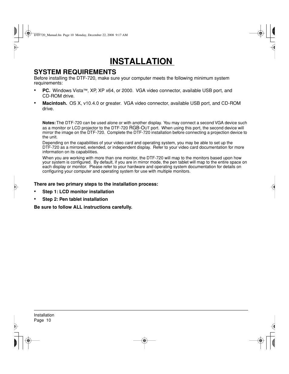 Installation, System requirements | Wacom DTF-720 User Manual | Page 12 / 60