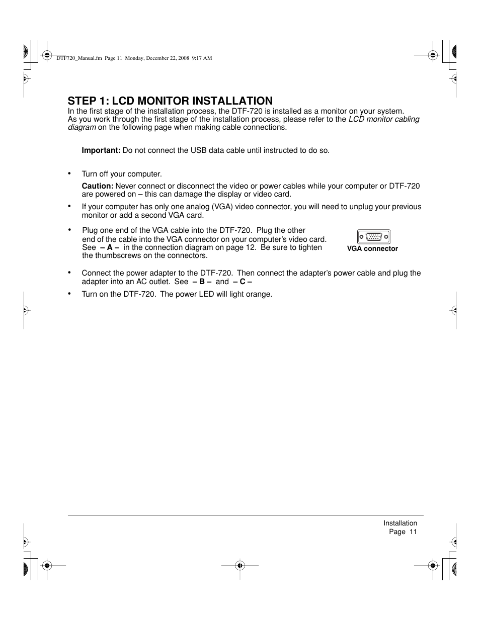 Step 1: lcd monitor installation | Wacom DTF-720 User Manual | Page 13 / 60
