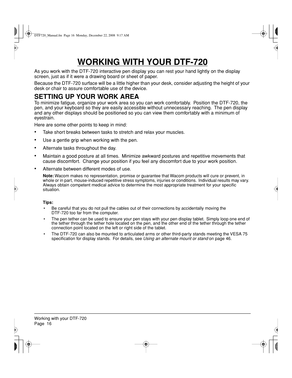 Working with your dtf-720, Setting up your work area | Wacom DTF-720 User Manual | Page 18 / 60