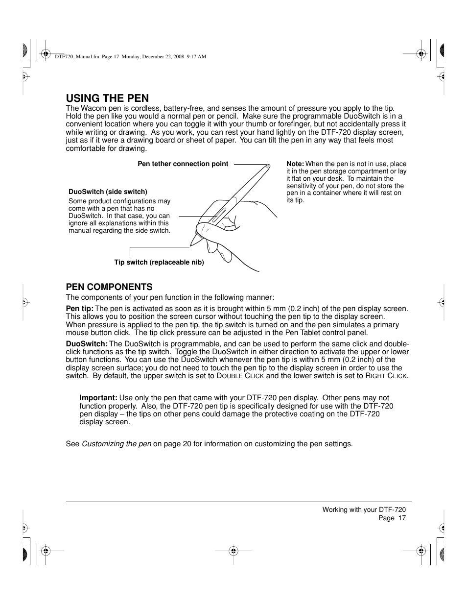 Using the pen, Pen components | Wacom DTF-720 User Manual | Page 19 / 60