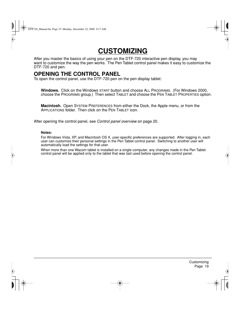 Customizing, Opening the control panel | Wacom DTF-720 User Manual | Page 21 / 60