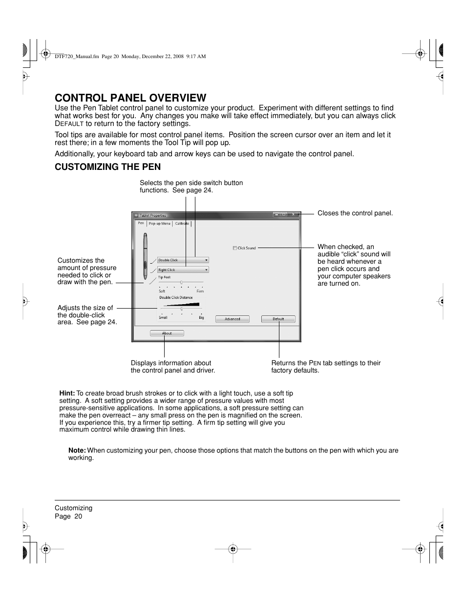 Control panel overview, Customizing the pen | Wacom DTF-720 User Manual | Page 22 / 60