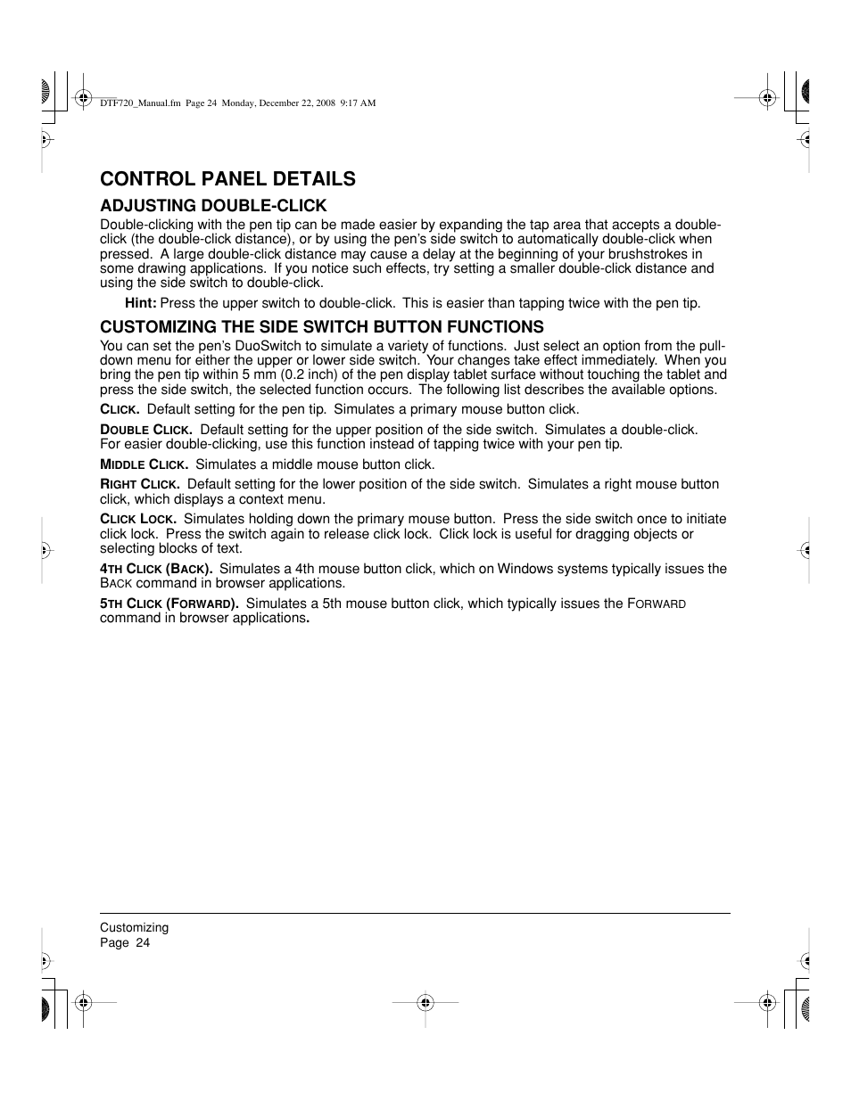 Control panel details, Adjusting double-click, Customizing the side switch button functions | Wacom DTF-720 User Manual | Page 26 / 60