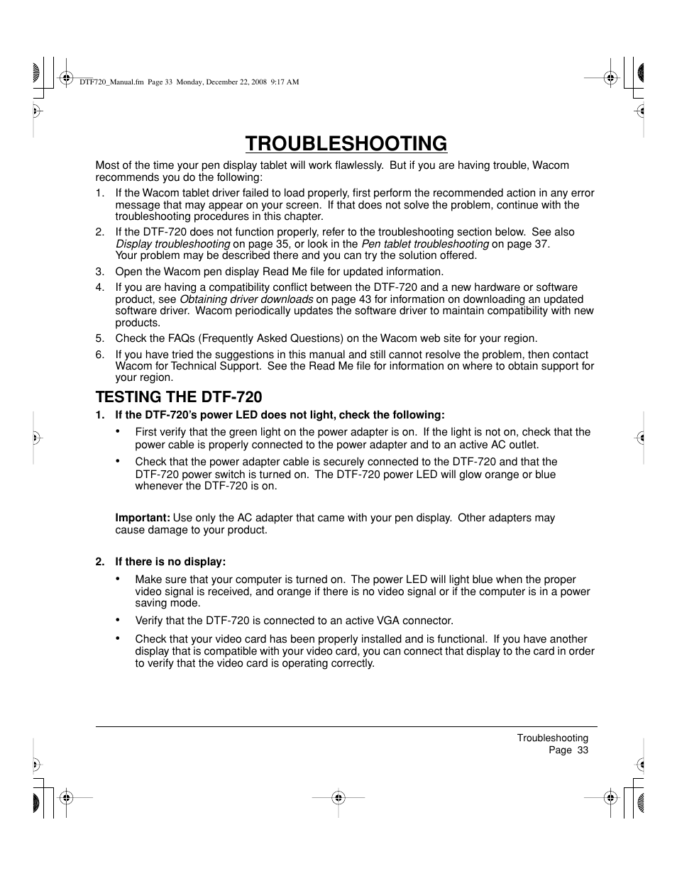 Troubleshooting, Testing the dtf-720 | Wacom DTF-720 User Manual | Page 35 / 60