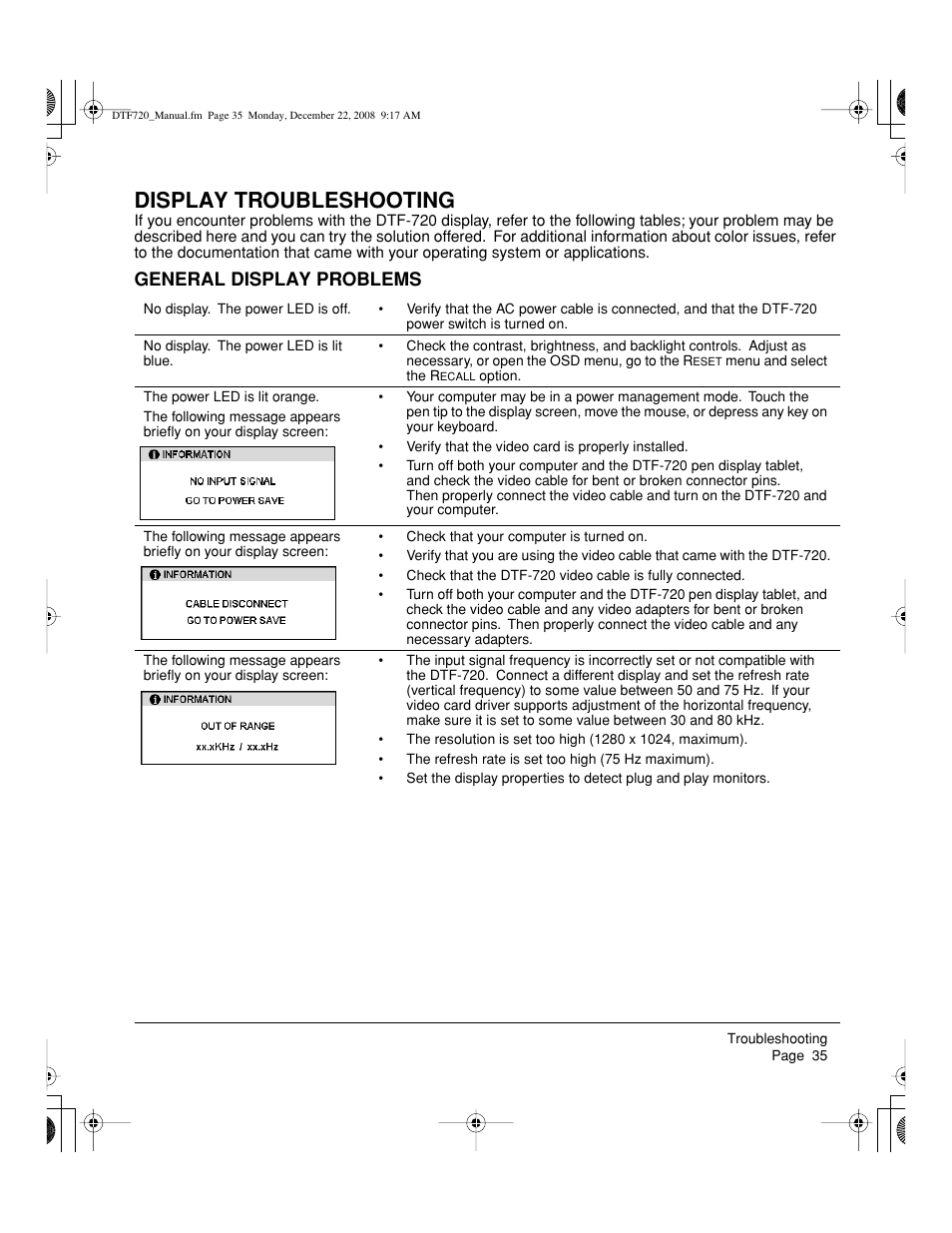 Display troubleshooting, General display problems | Wacom DTF-720 User Manual | Page 37 / 60