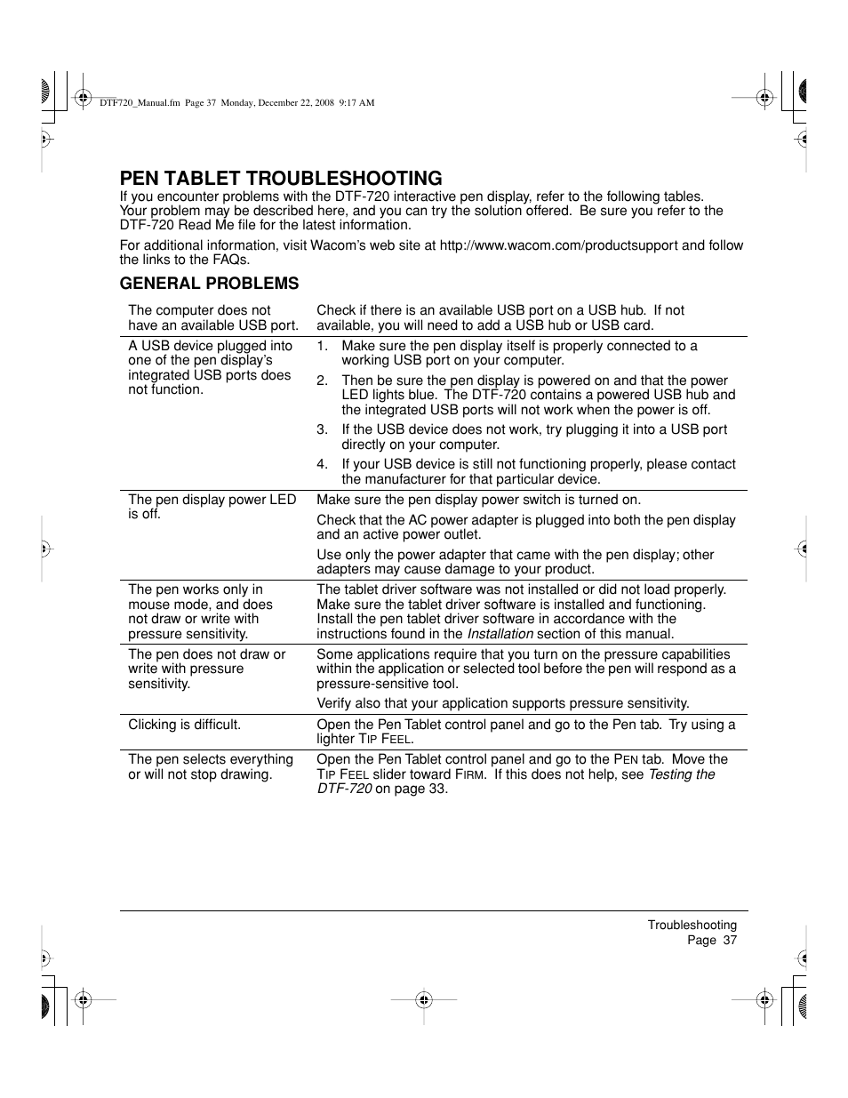 Pen tablet troubleshooting | Wacom DTF-720 User Manual | Page 39 / 60