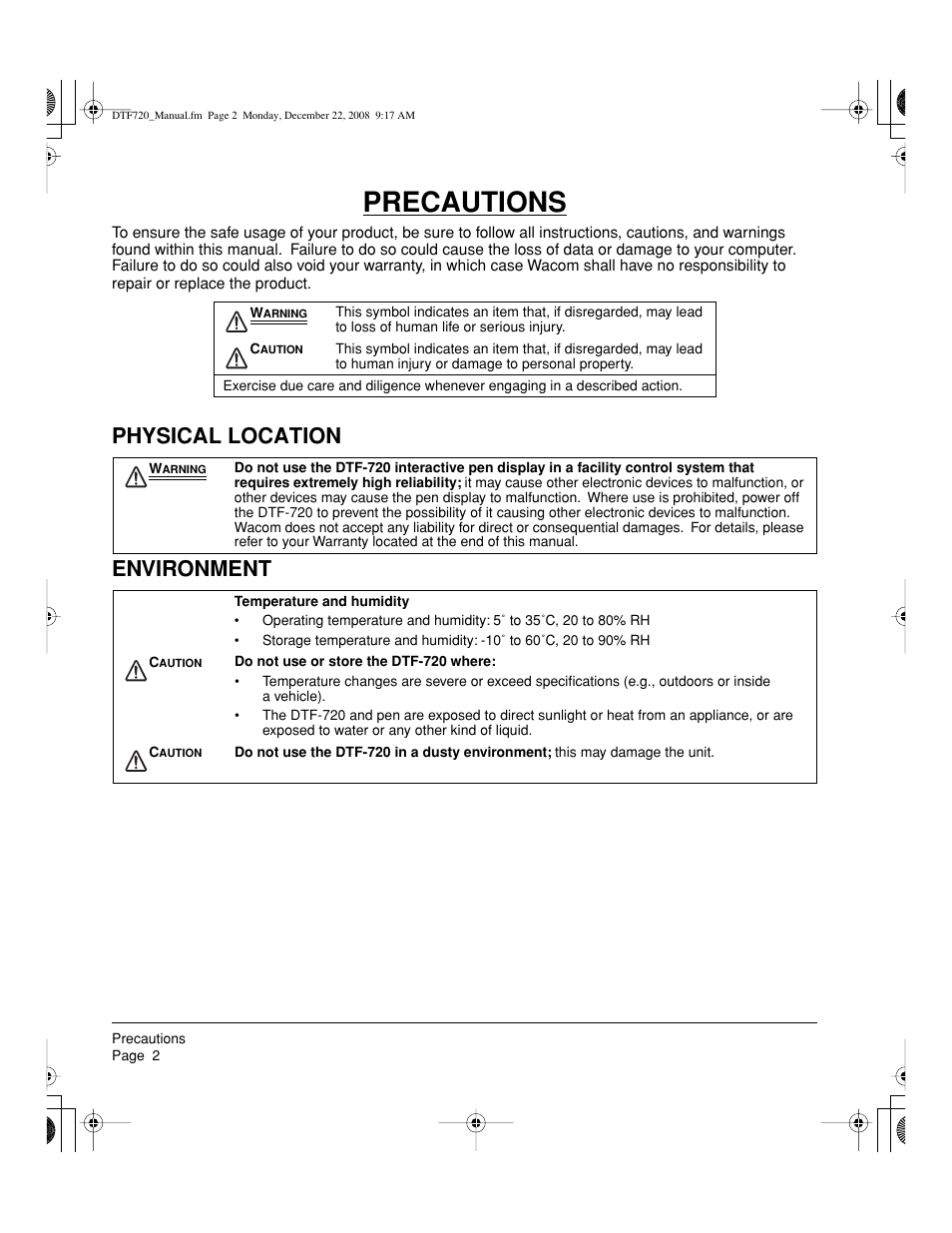 Precautions, Physical location environment | Wacom DTF-720 User Manual | Page 4 / 60