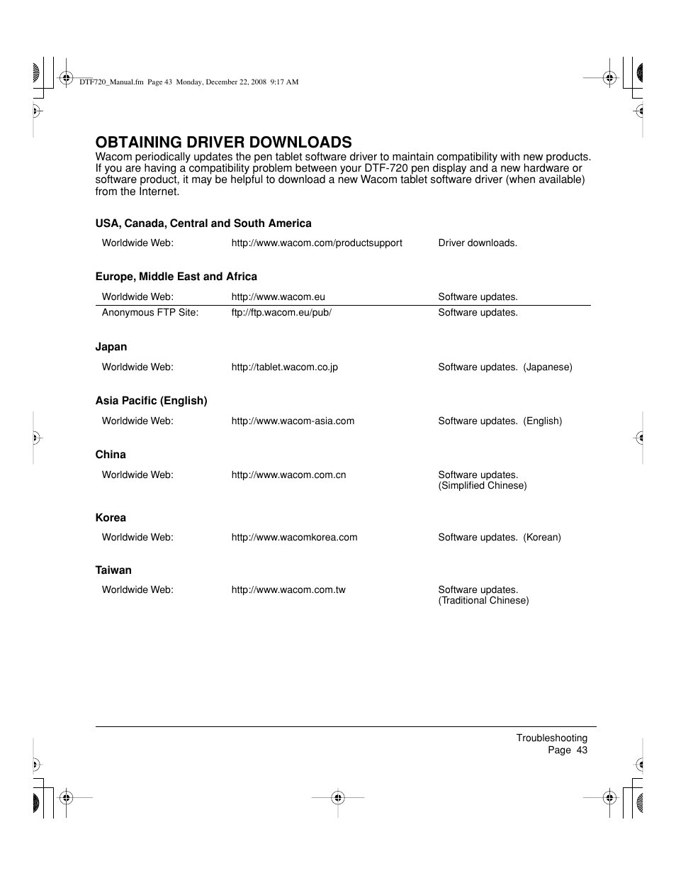 Obtaining driver downloads | Wacom DTF-720 User Manual | Page 45 / 60