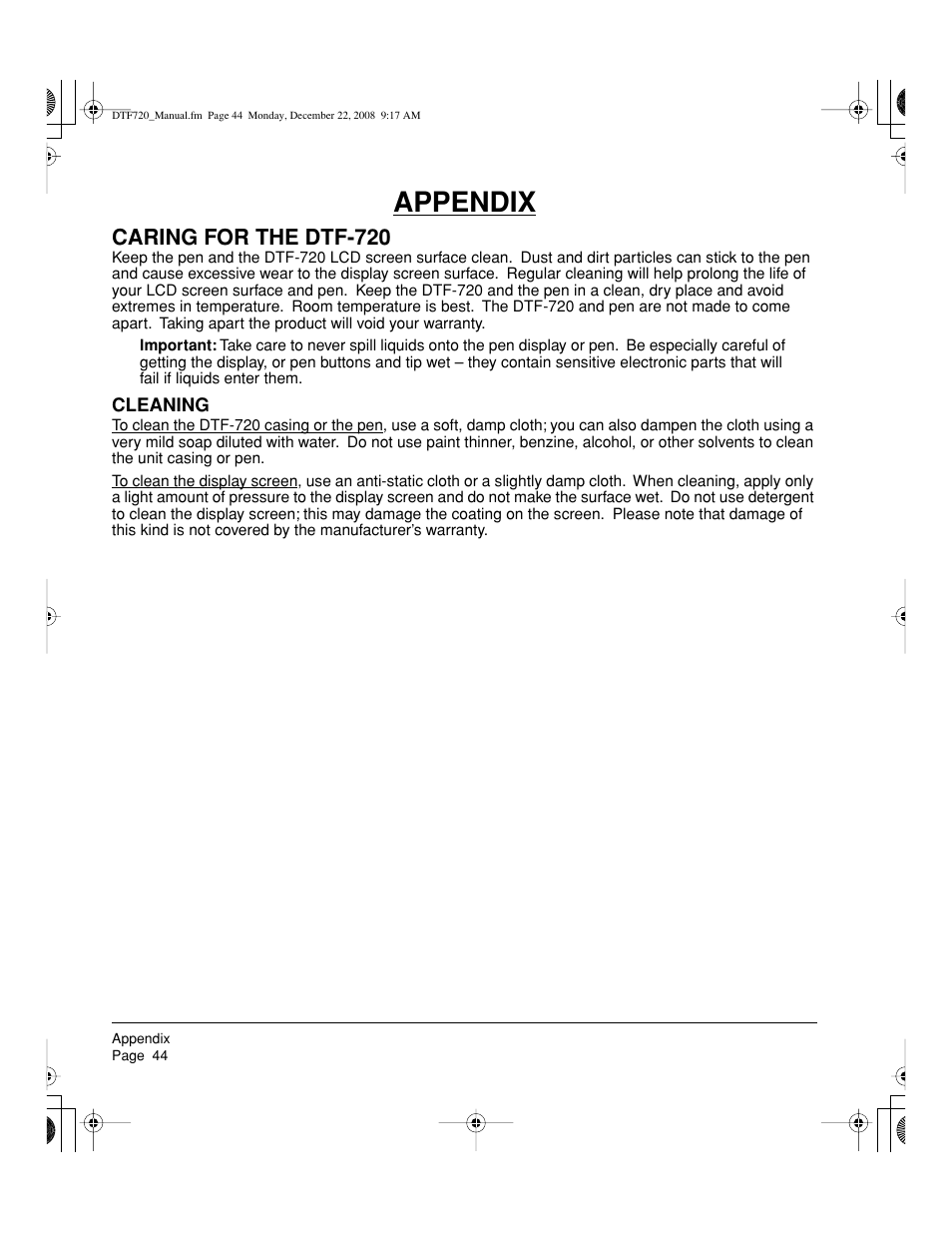 Appendix, Caring for the dtf-720 | Wacom DTF-720 User Manual | Page 46 / 60