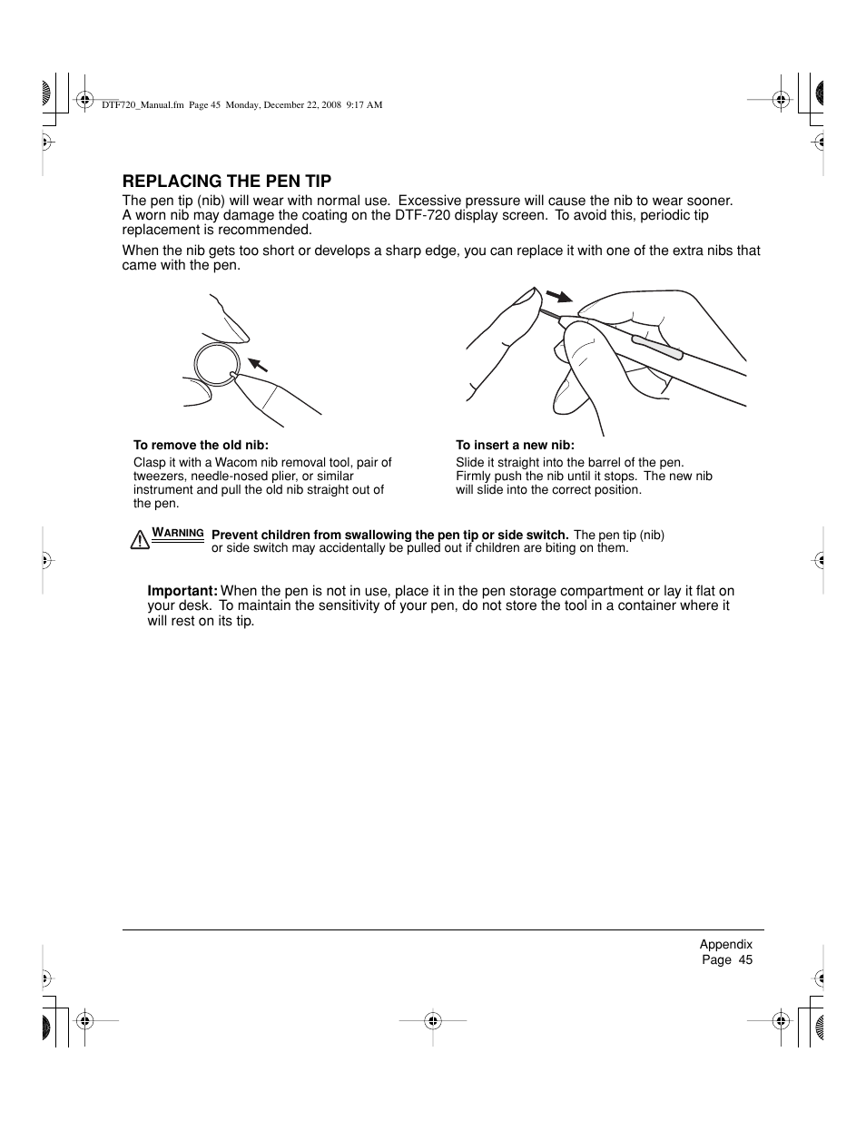 Replacing the pen tip | Wacom DTF-720 User Manual | Page 47 / 60