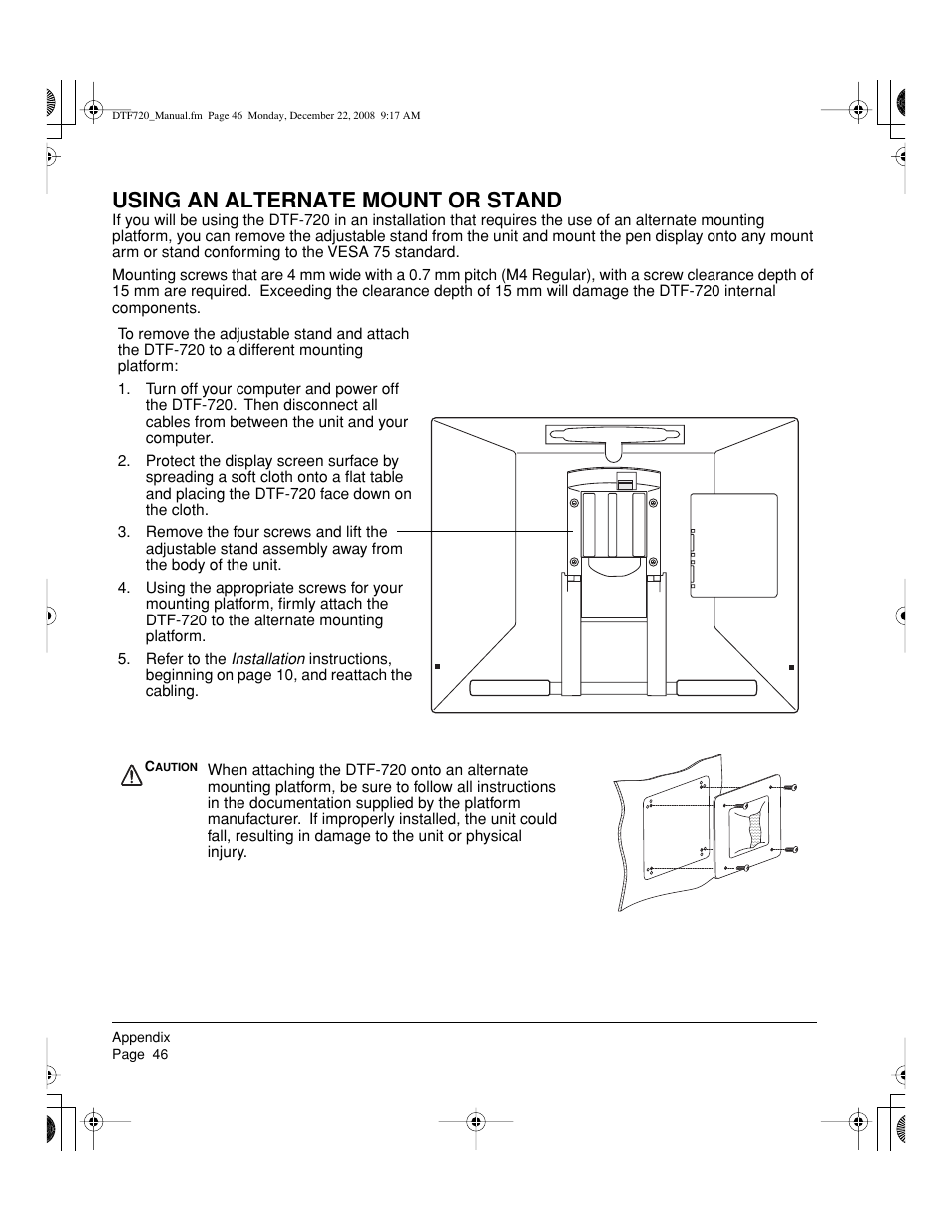 Using an alternate mount or stand | Wacom DTF-720 User Manual | Page 48 / 60