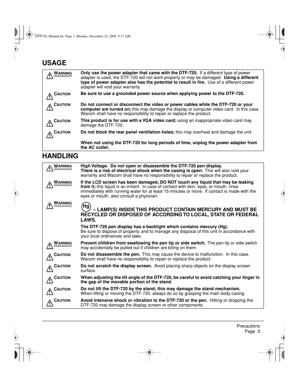 Usage handling | Wacom DTF-720 User Manual | Page 5 / 60