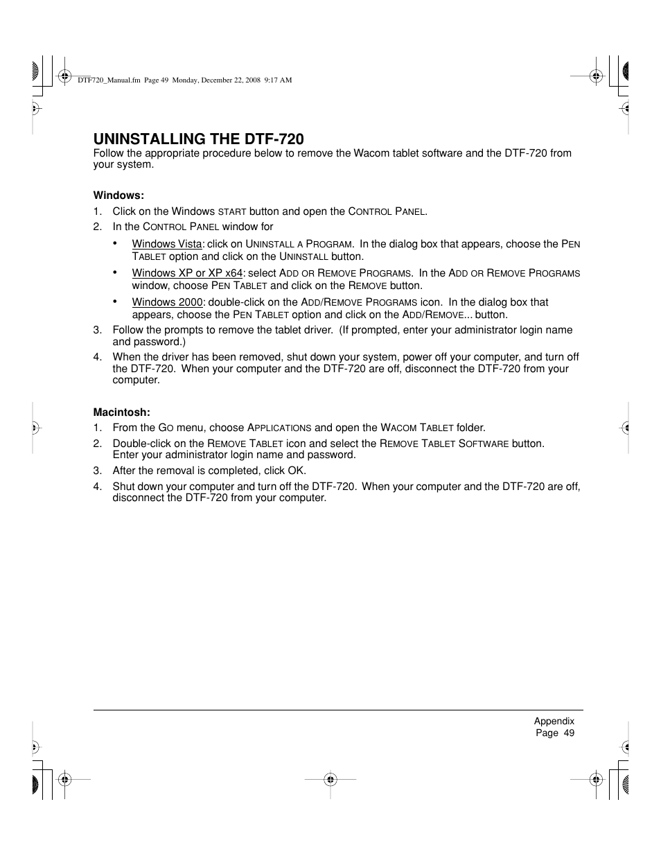 Uninstalling the dtf-720 | Wacom DTF-720 User Manual | Page 51 / 60