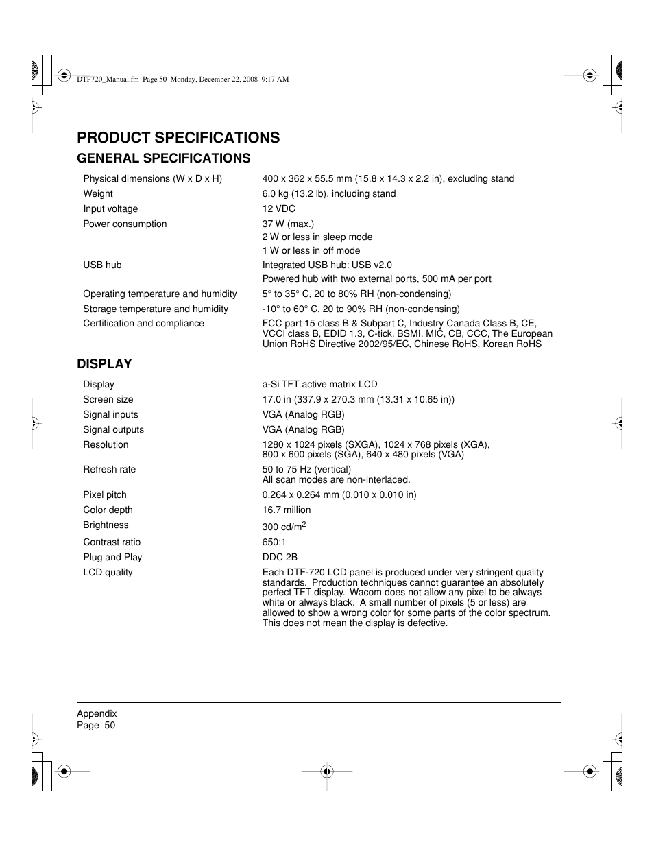 Product specifications, General specifications display | Wacom DTF-720 User Manual | Page 52 / 60