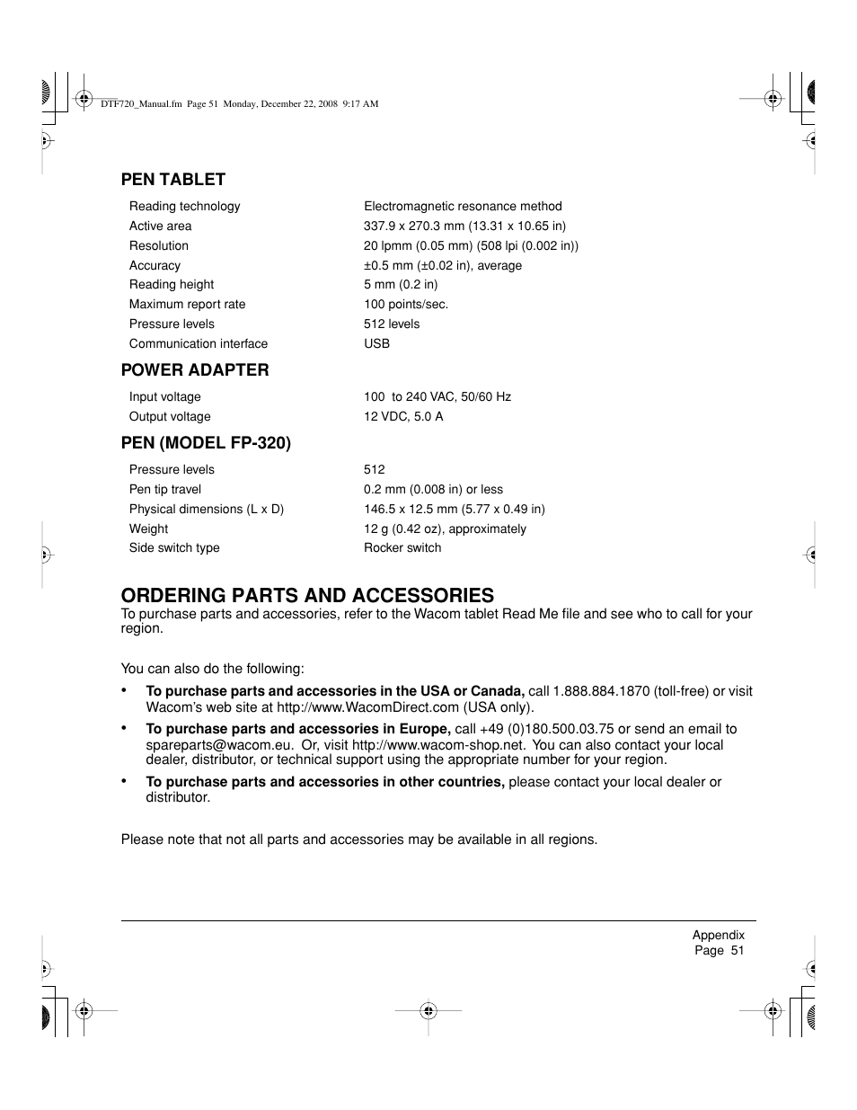 Ordering parts and accessories | Wacom DTF-720 User Manual | Page 53 / 60