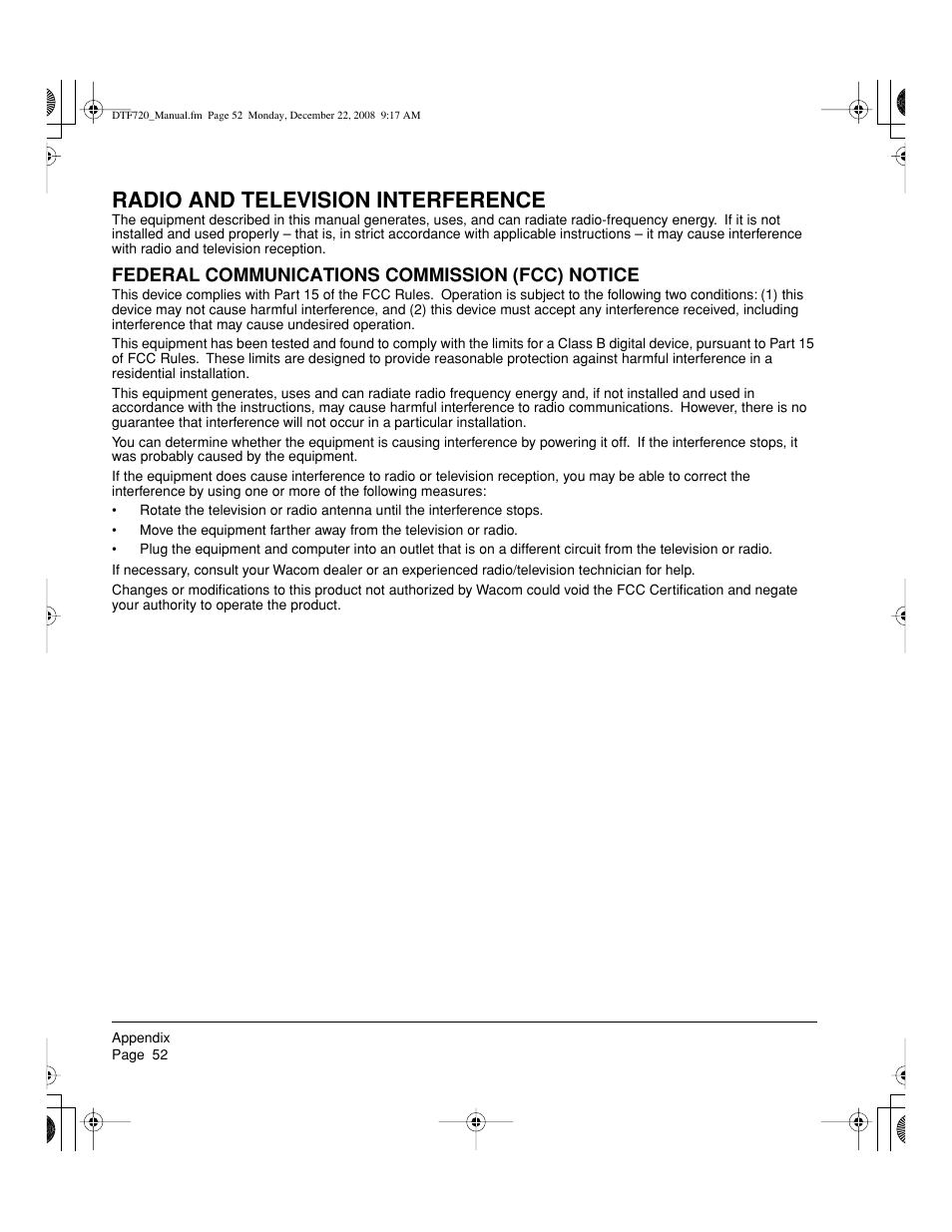 Radio and television interference, Federal communications commission (fcc) notice | Wacom DTF-720 User Manual | Page 54 / 60