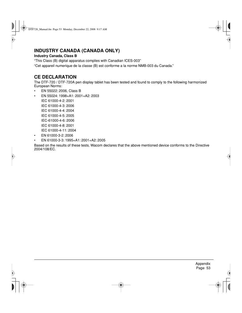 Industry canada (canada only), Ce declaration | Wacom DTF-720 User Manual | Page 55 / 60