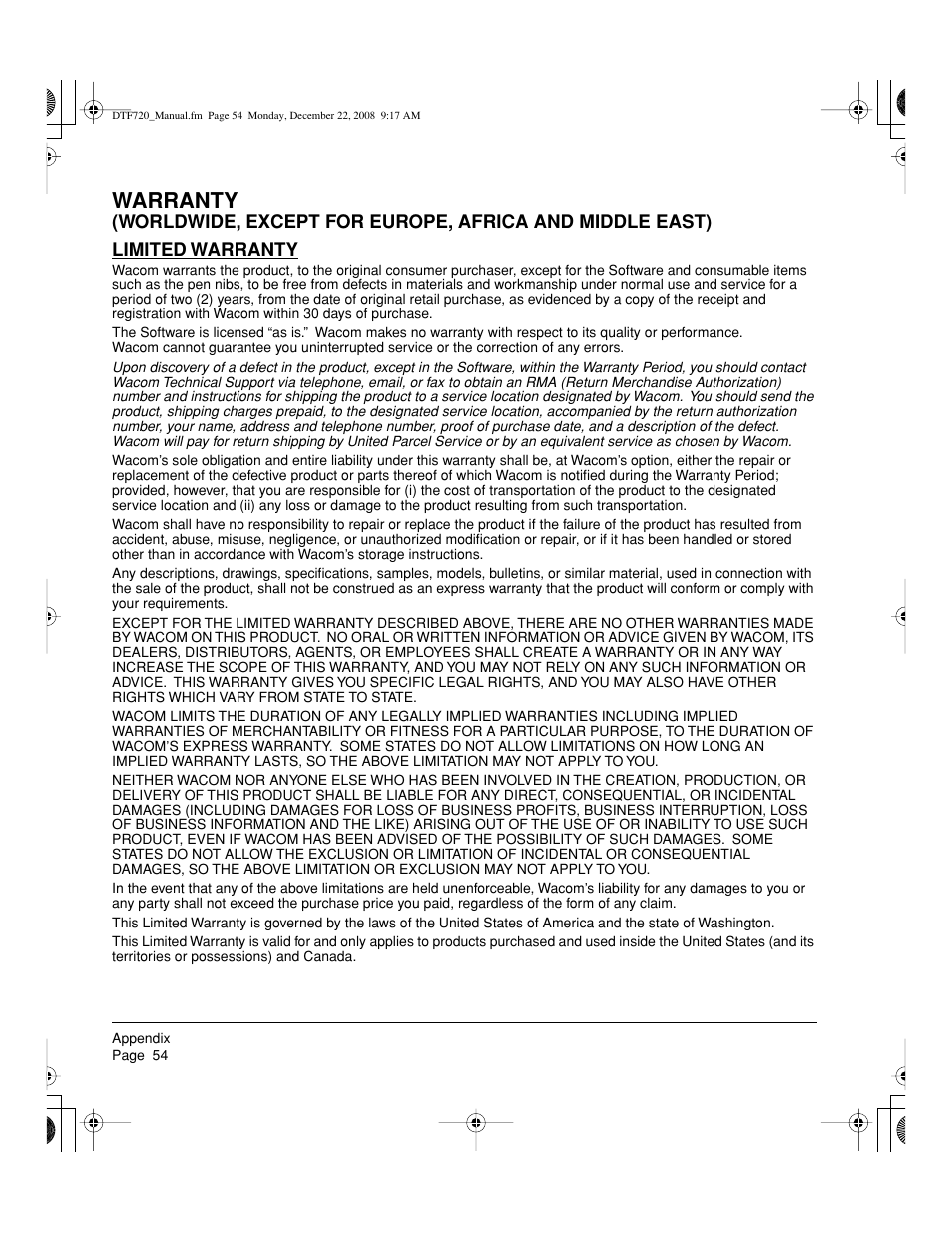 Warranty | Wacom DTF-720 User Manual | Page 56 / 60