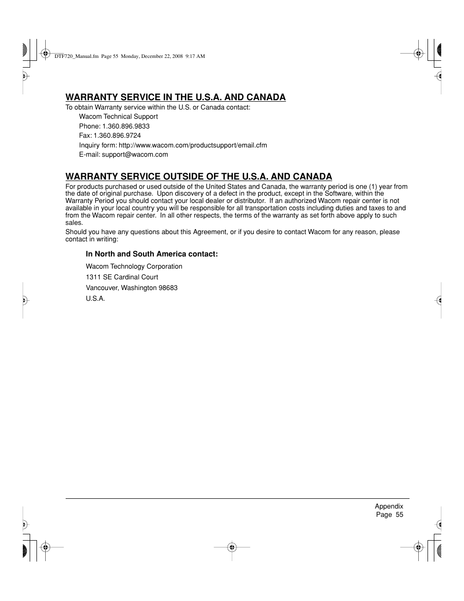 Warranty service in the u.s.a. and canada, Warranty service outside of the u.s.a. and canada | Wacom DTF-720 User Manual | Page 57 / 60